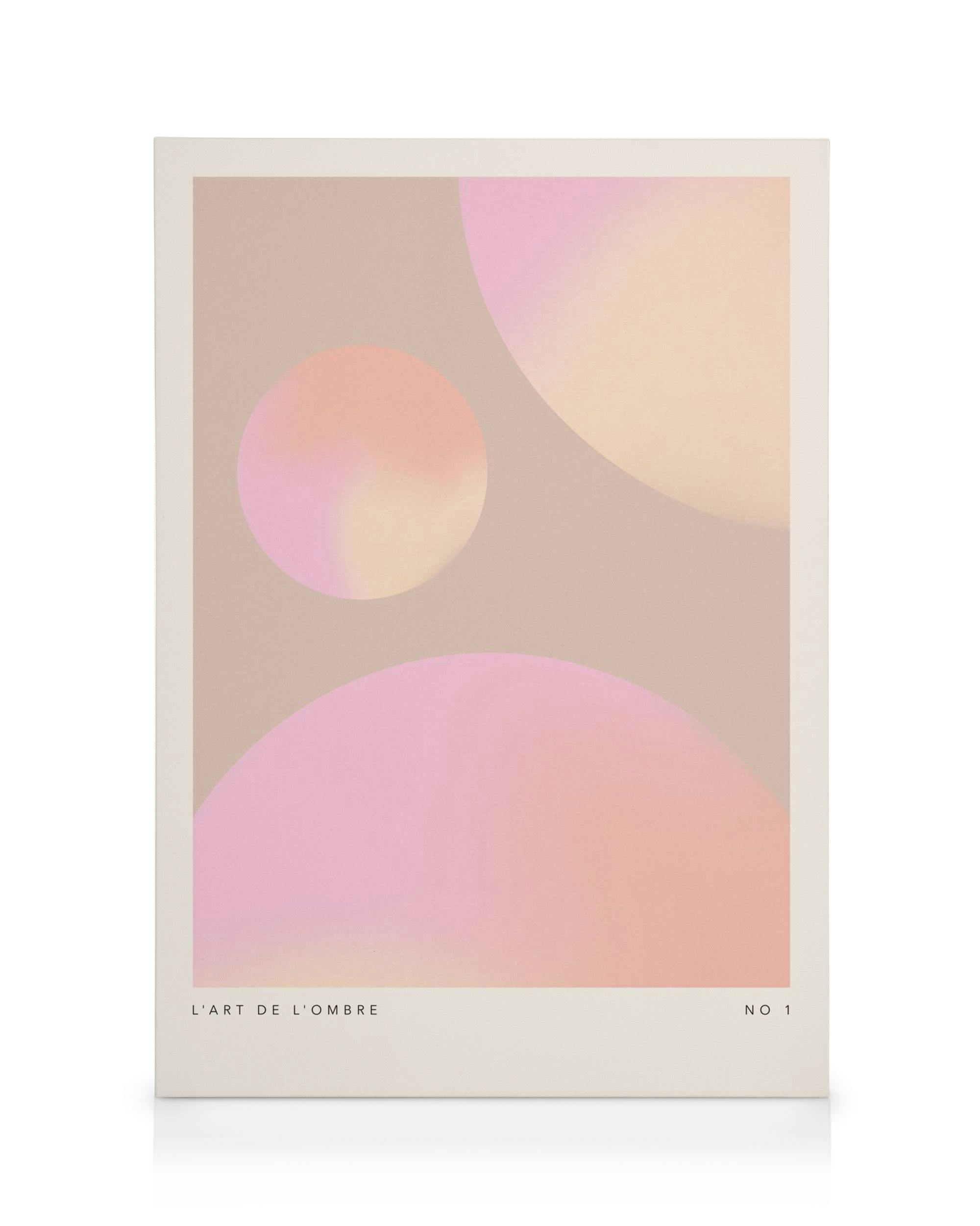 LArt de lOmbre No1 canvas with soft pink and orange gradient circles on a beige background, creating a serene abstract art piece