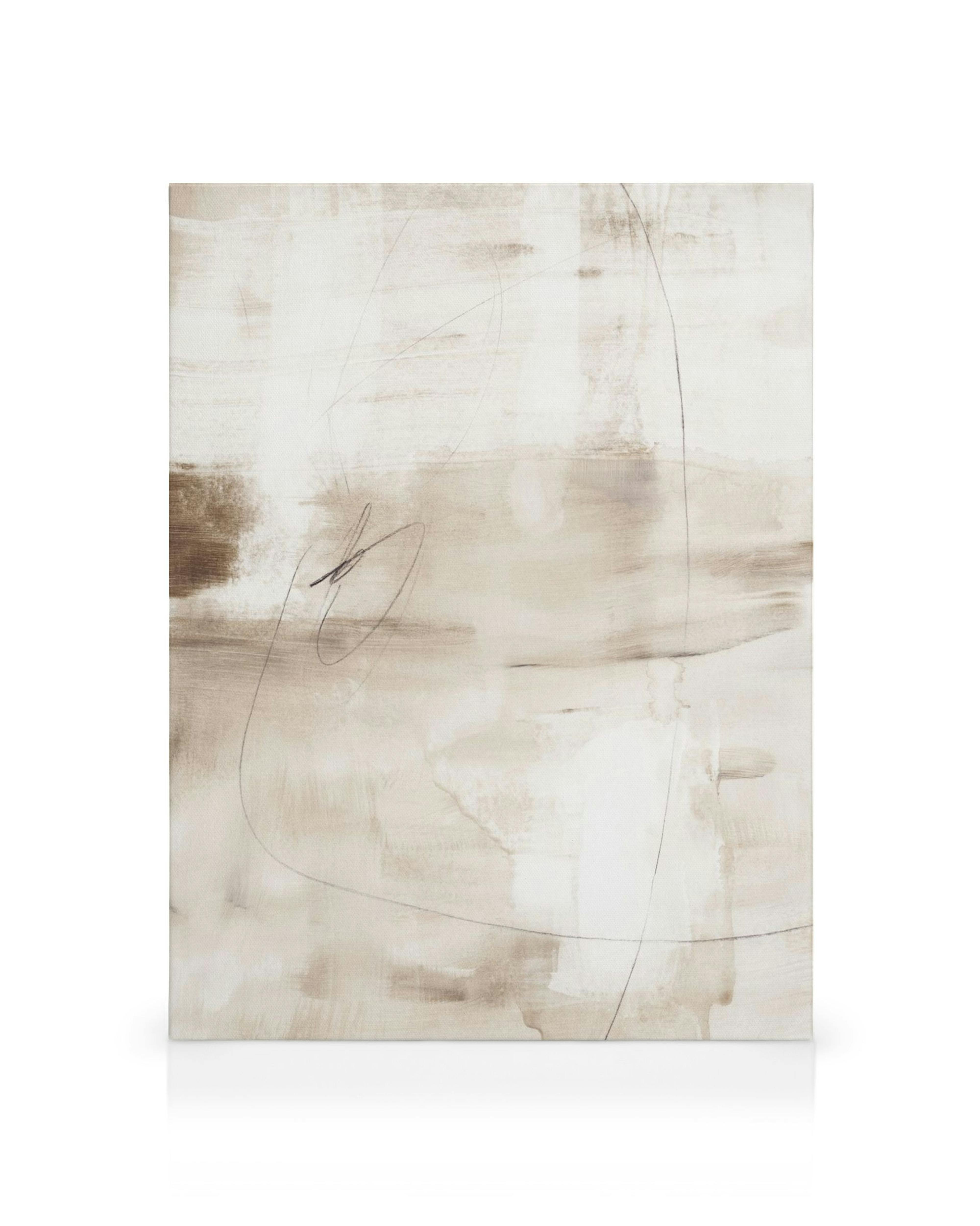 Toile abstraite tons marron et blanc, coups de pinceau et lignes tourbillonnantes, typographie minimaliste