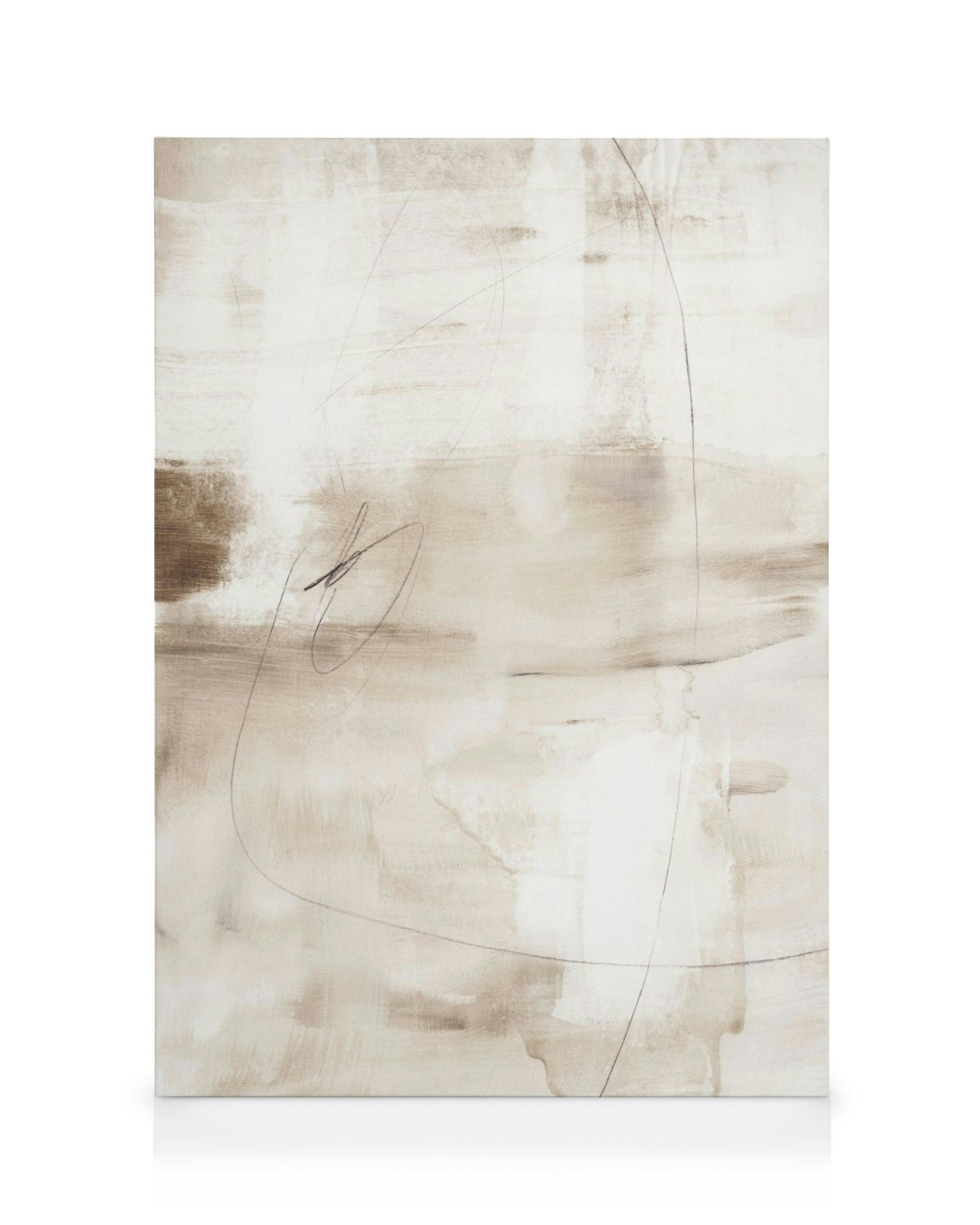 Abstraktný obraz na plátne s grafitovými ťahmi v neutrálnych tónoch béžovej a bielej, jemné línie.