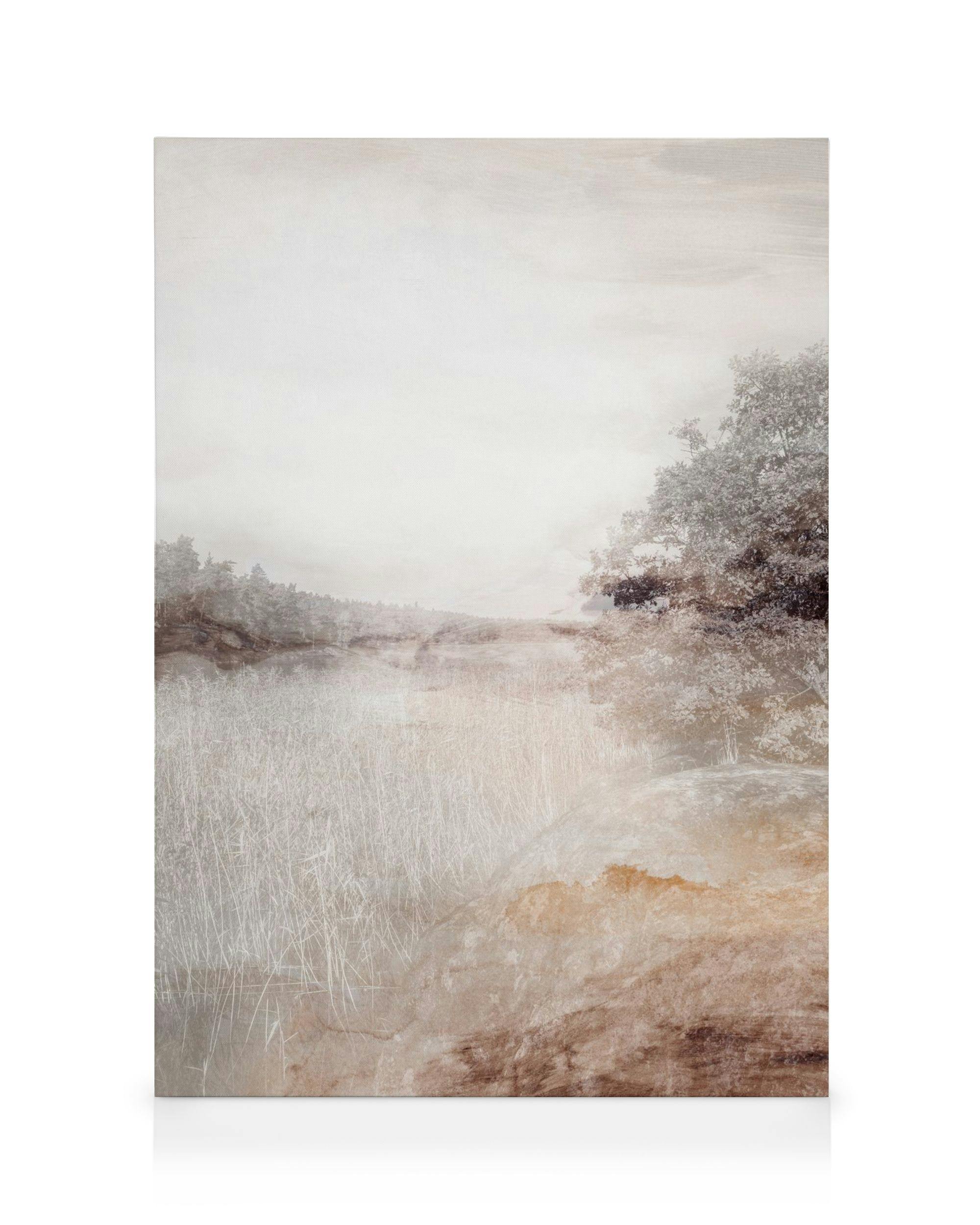 Photography in Aquarelle No1 canvas print, a beige and brown watercolor painting of a dreamy landscape with trees and grass.