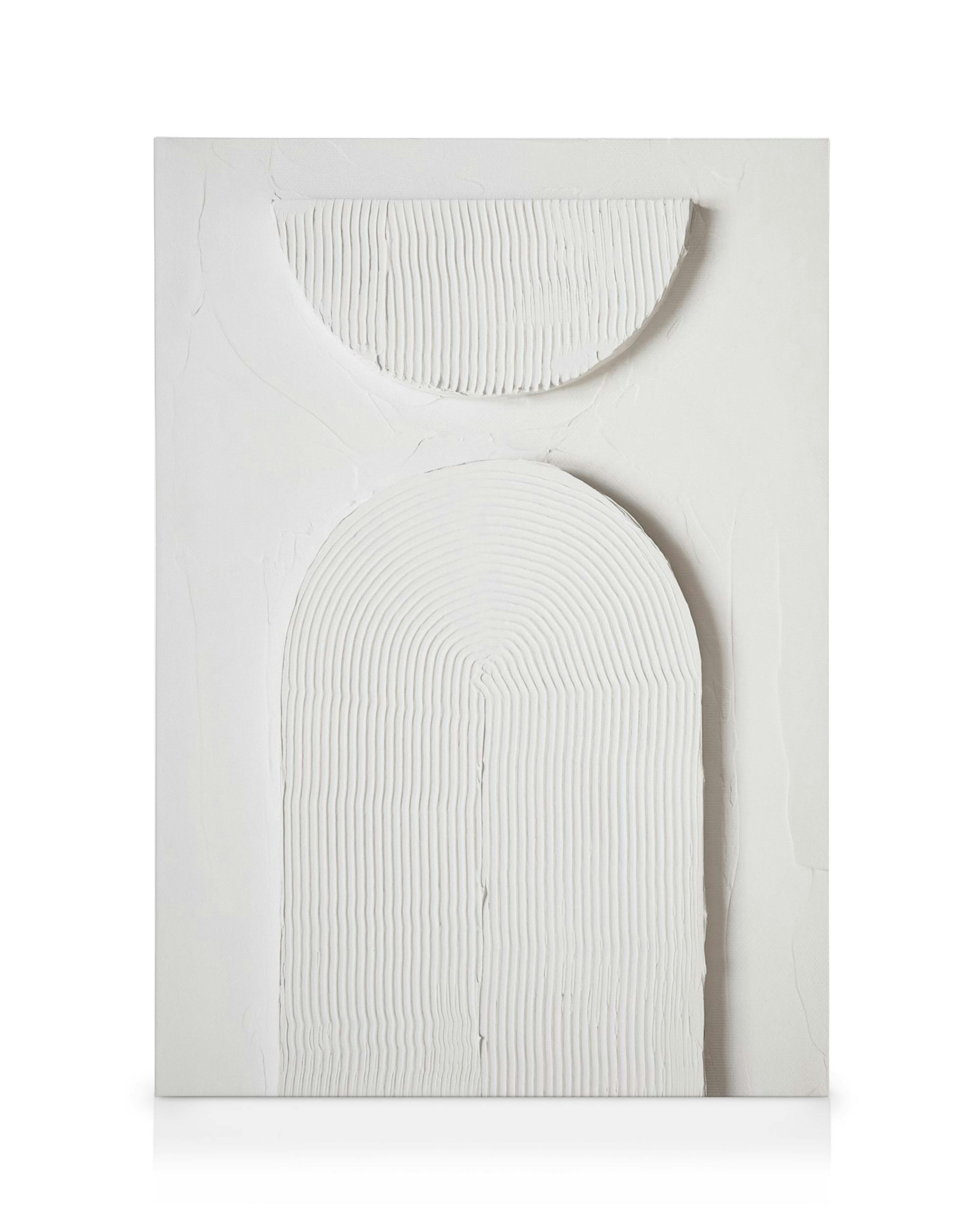 White canvas with two textured shapes: a half-circle on top with vertical lines, and a large arched shape below with concentric 