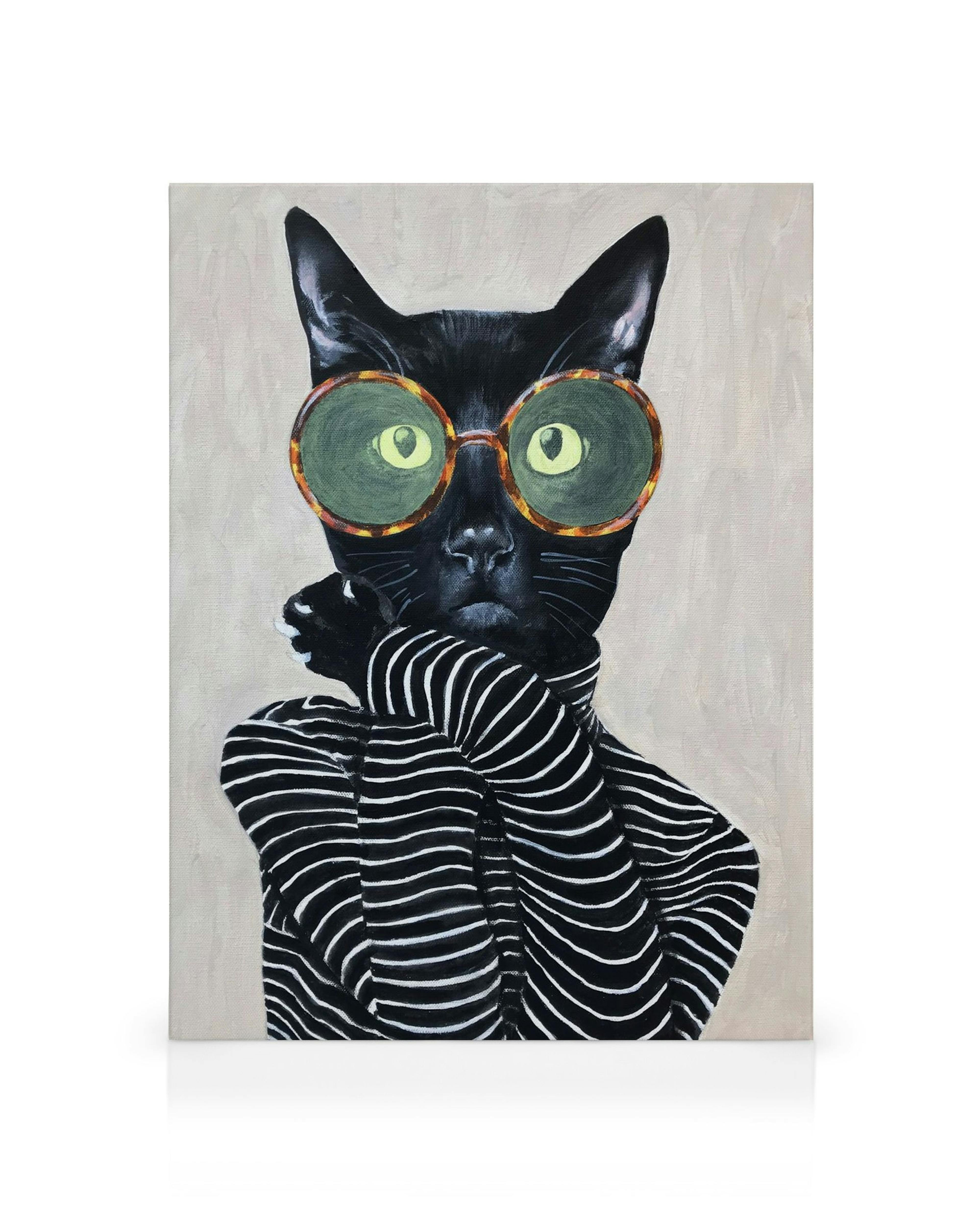 Fashionable black cat in tortoise shell glasses and black and white striped sweater, a chic animal portrait canvas.