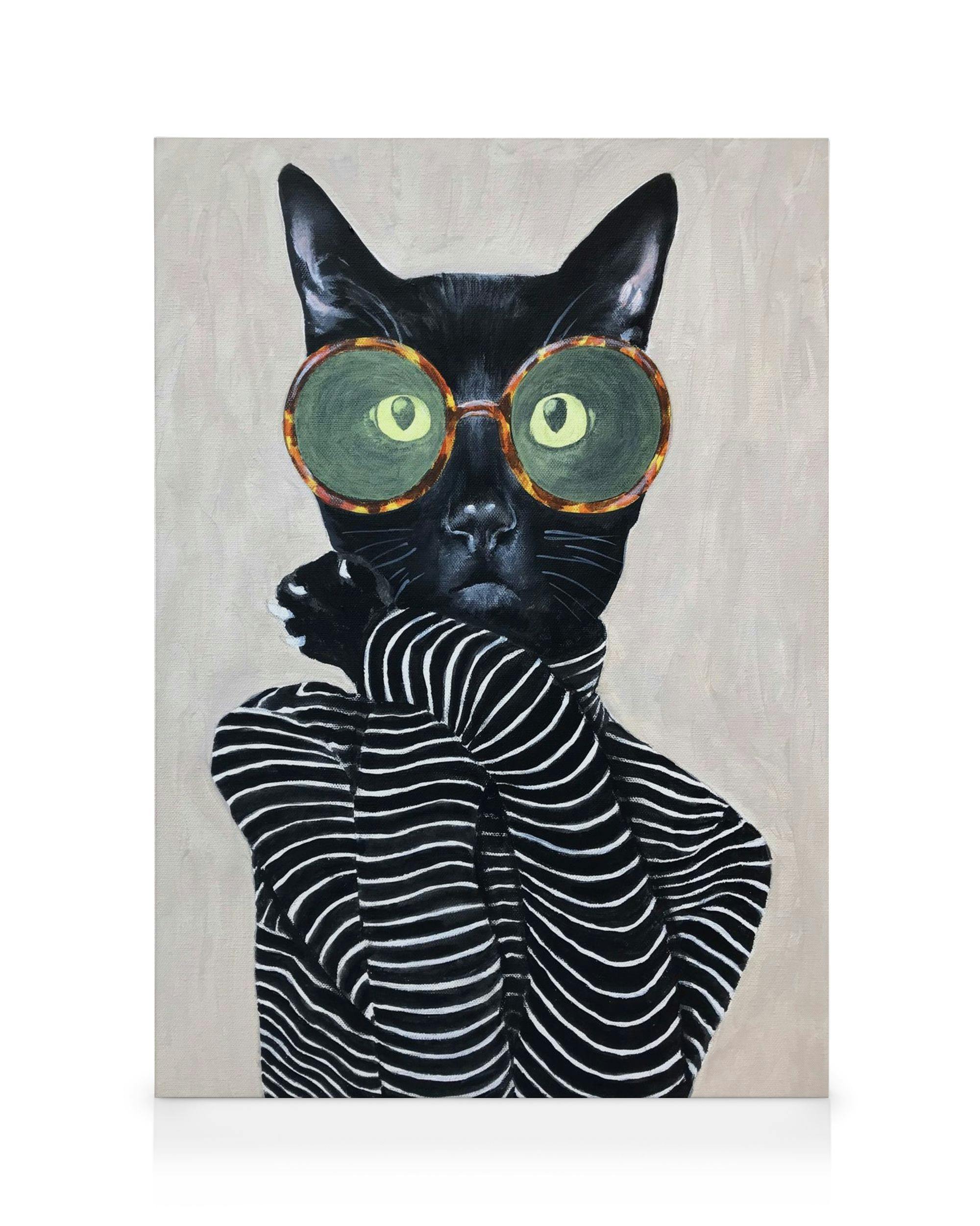 Stampa su tela Coco De Paris con gatto nero, occhiali arancioni, maglietta a righe, su sfondo chiaro