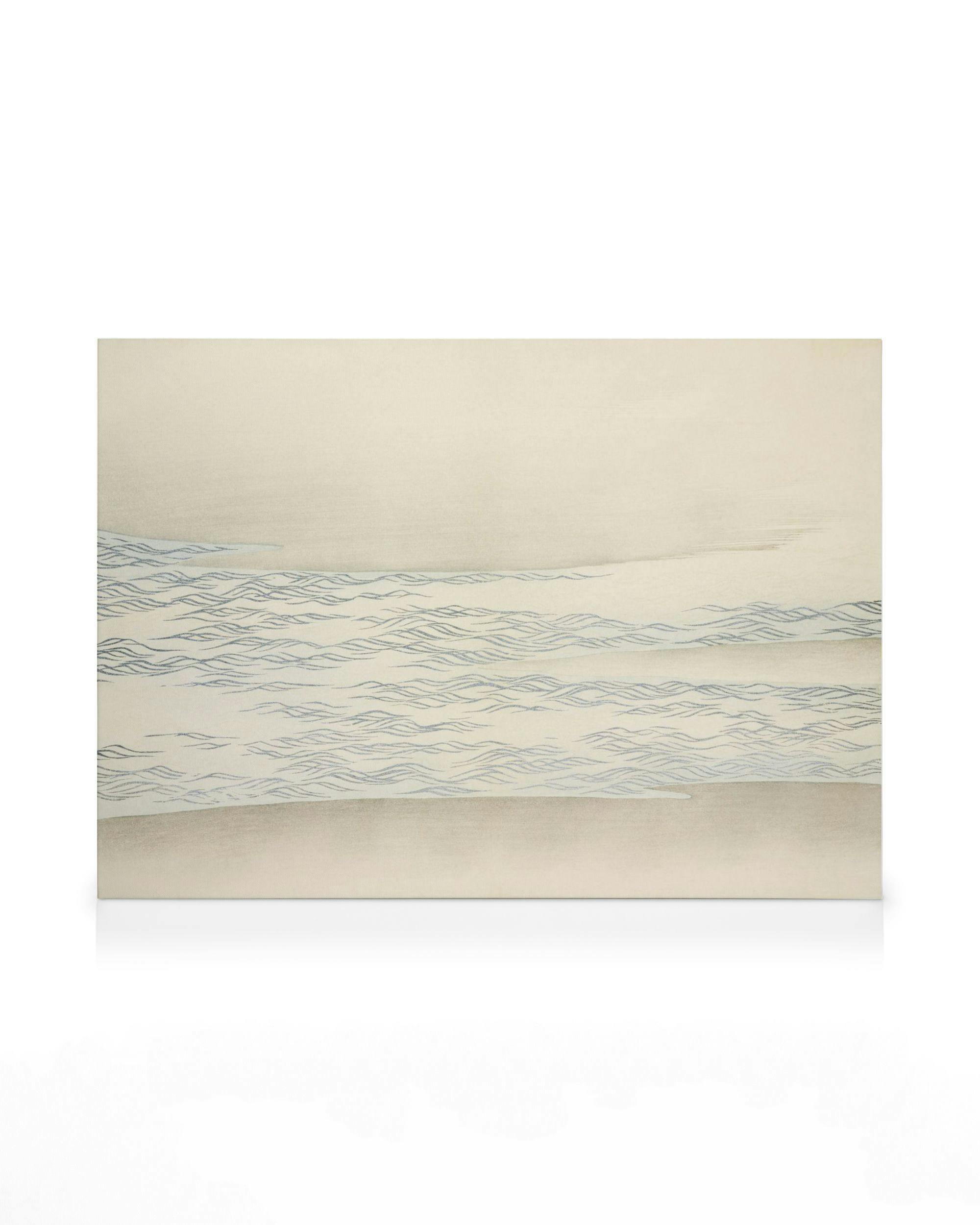 Kamisaka Sekka Ocean Waves canvas print, featuring beige background with horizontal blue wave lines.