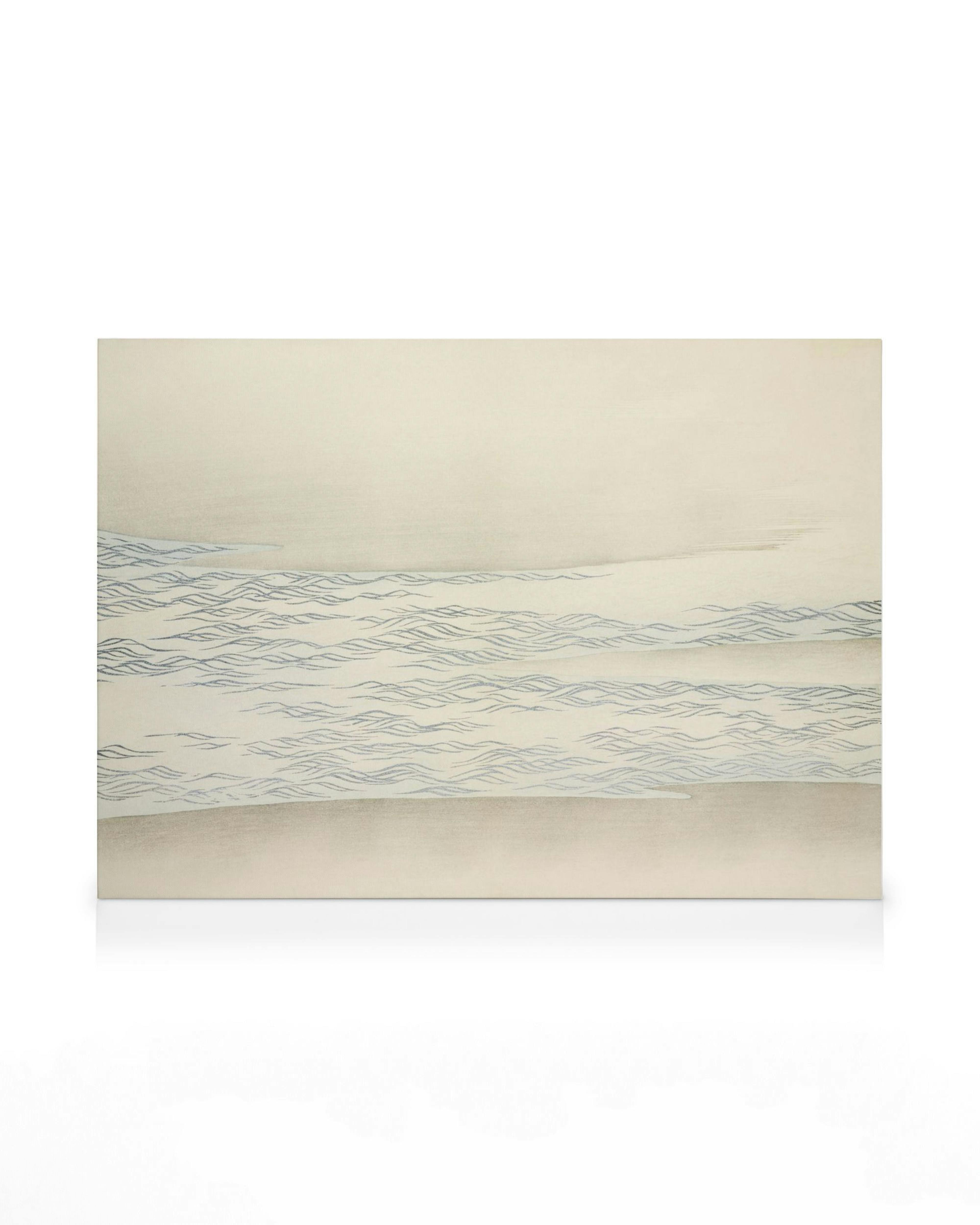 Kamisaka Sekka Ocean Waves canvas print, featuring beige background with horizontal blue wave lines.