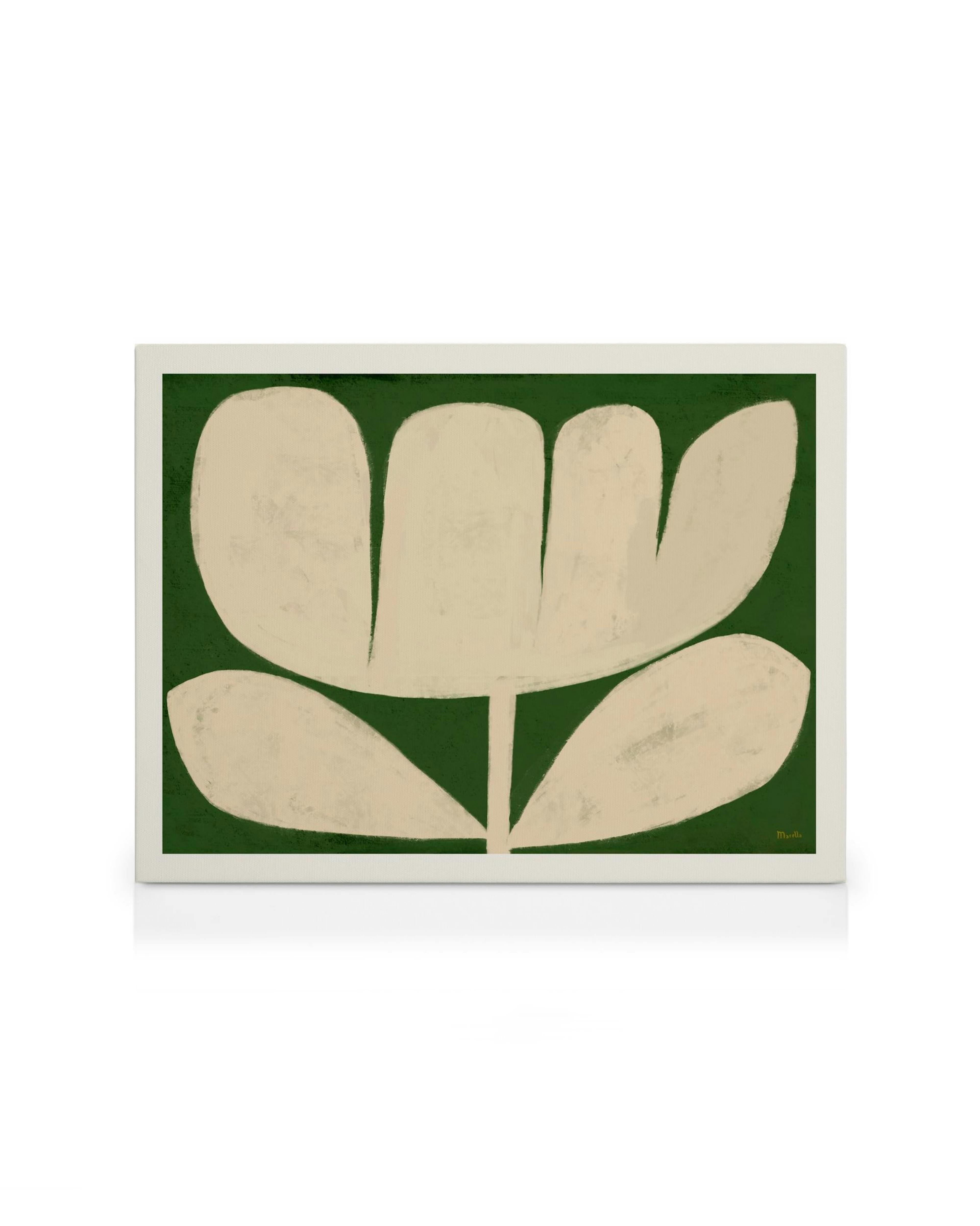 Leinwandbild mit einem abstrakten cremefarbenen Blumenmotiv auf dunkelgrünem Hintergrund. Stilvolle florale Kunst von Marco Mare