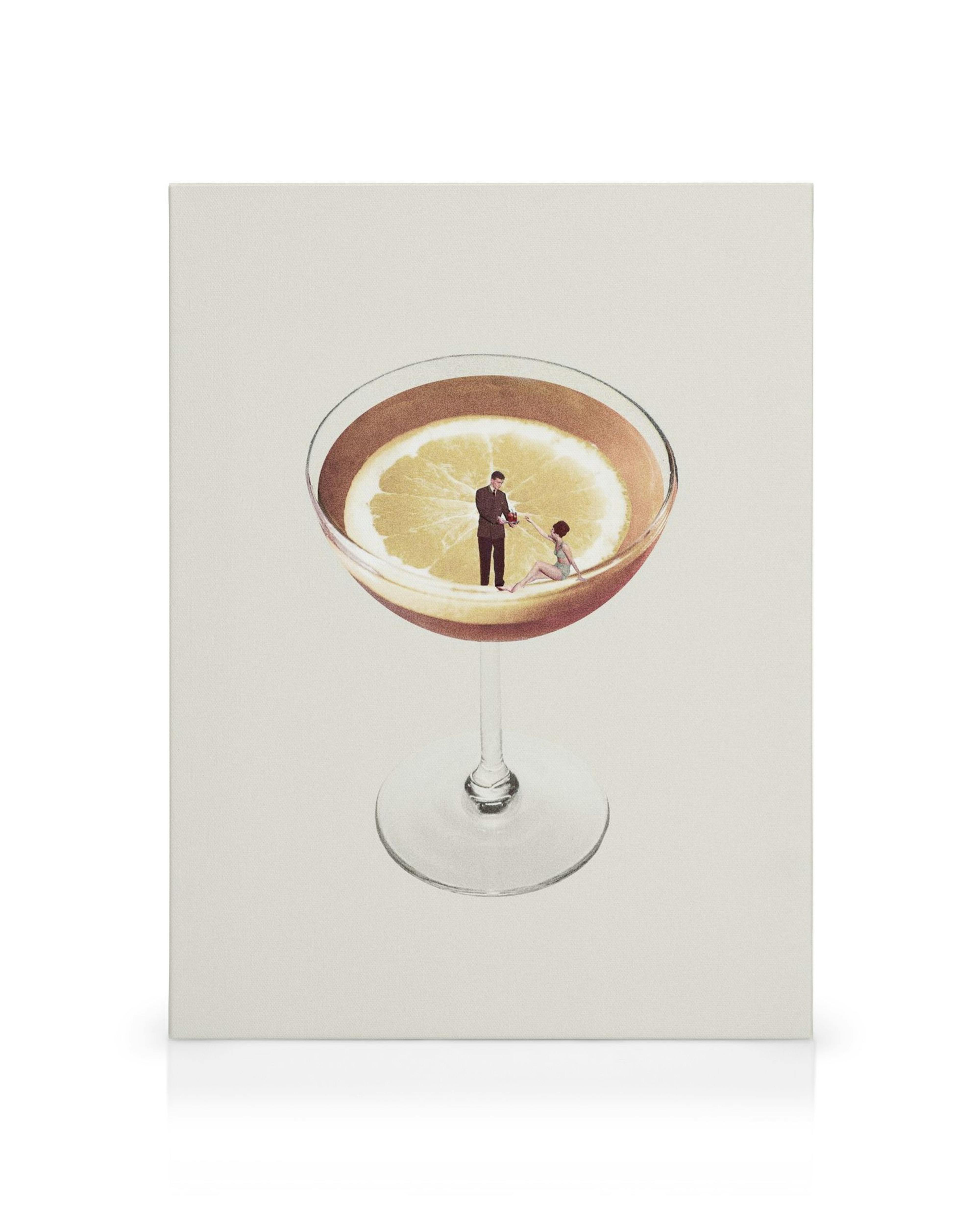 Obraz na plátně: Koláž s mužem v obleku a ženou v koktejlové sklenici s plátkem citronu.