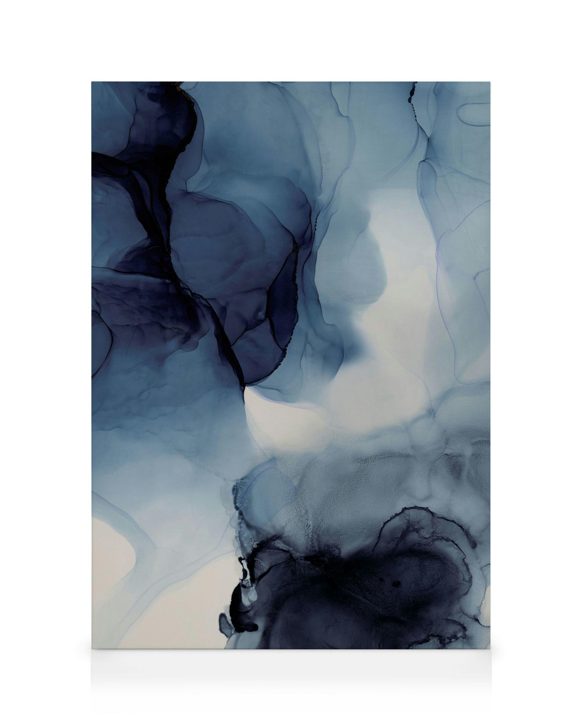 Abstract blue and white fluid art canvas print, resembling swirling ink or smoke patterns.