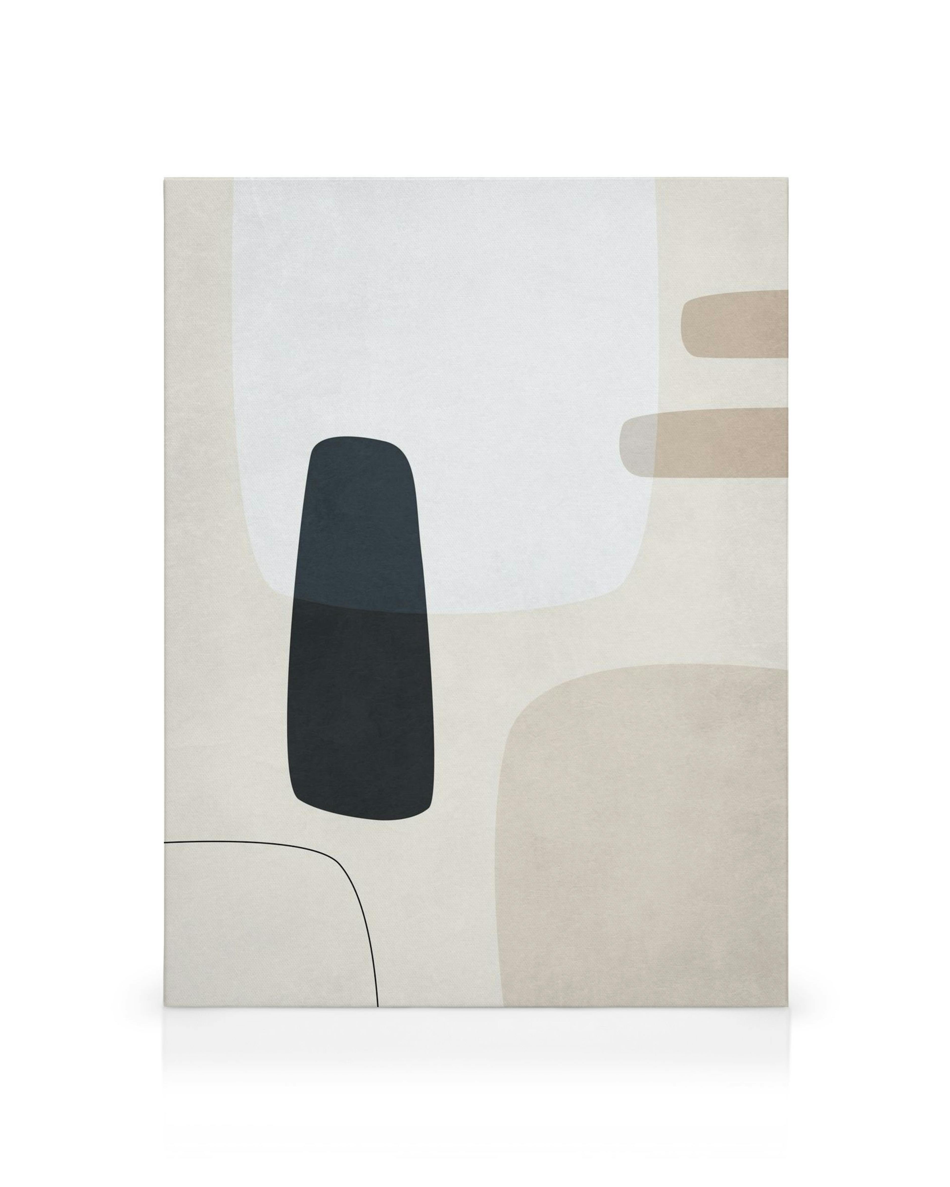 Lienzo abstracto con formas orgánicas en beige, gris, negro y blanco, arte moderno para pared.