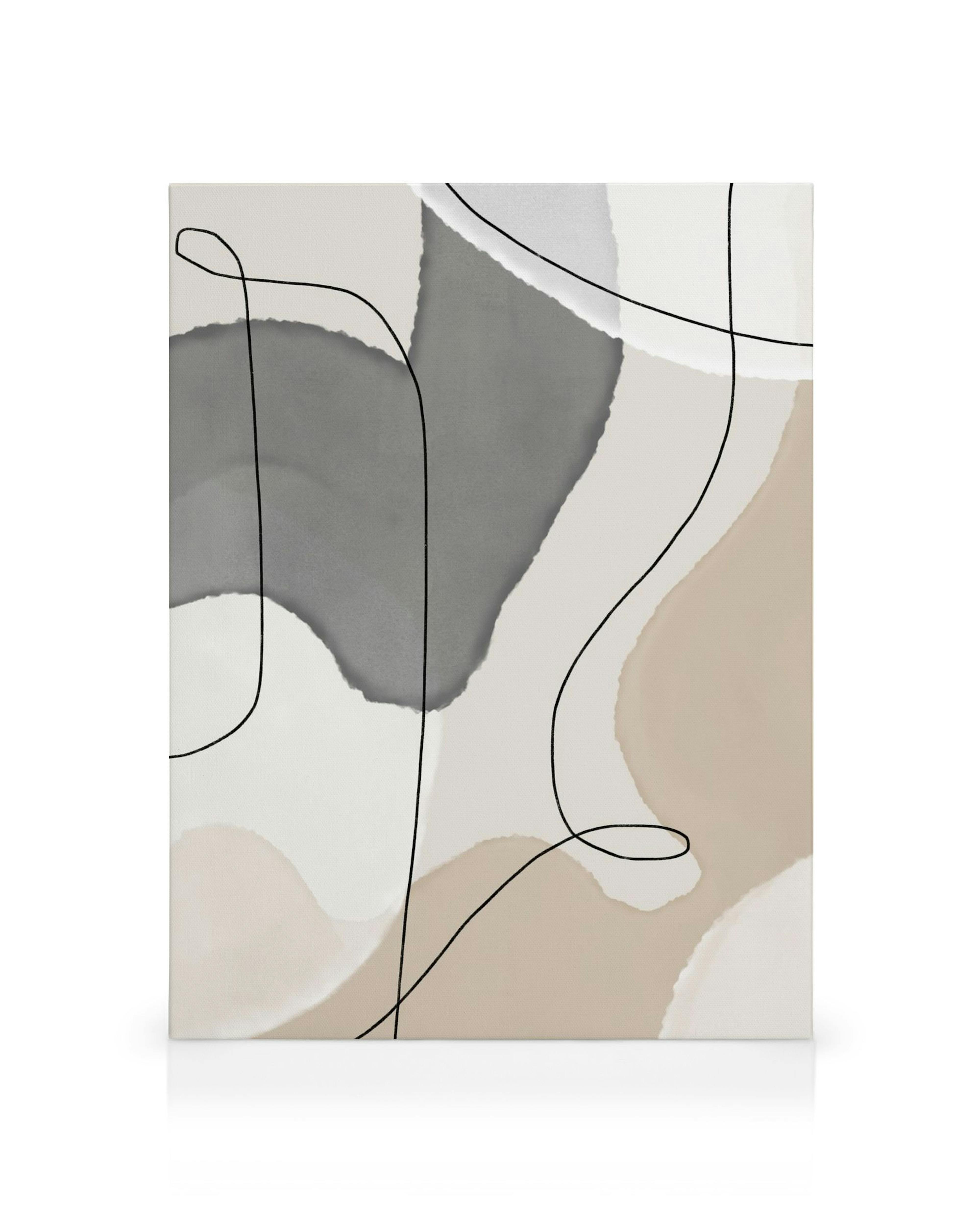 Toile abstraite avec des formes courbes grises et beiges, superposées de lignes noires fluides pour une décoration murale élégan