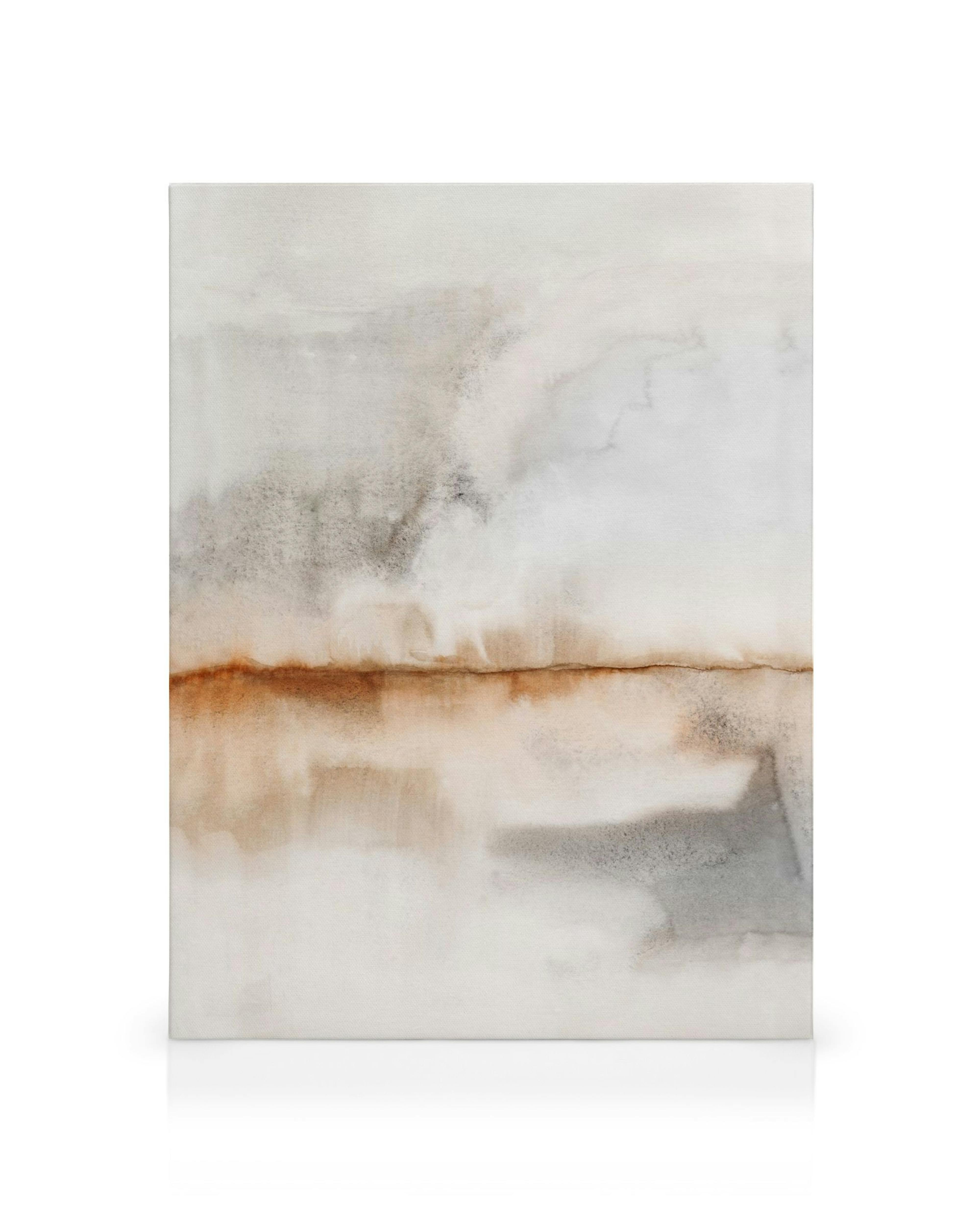 Neutraali akvarellikanvaasi, jossa on harmaan ja ruskean sävyjä, vaakasuora ruskea viiva