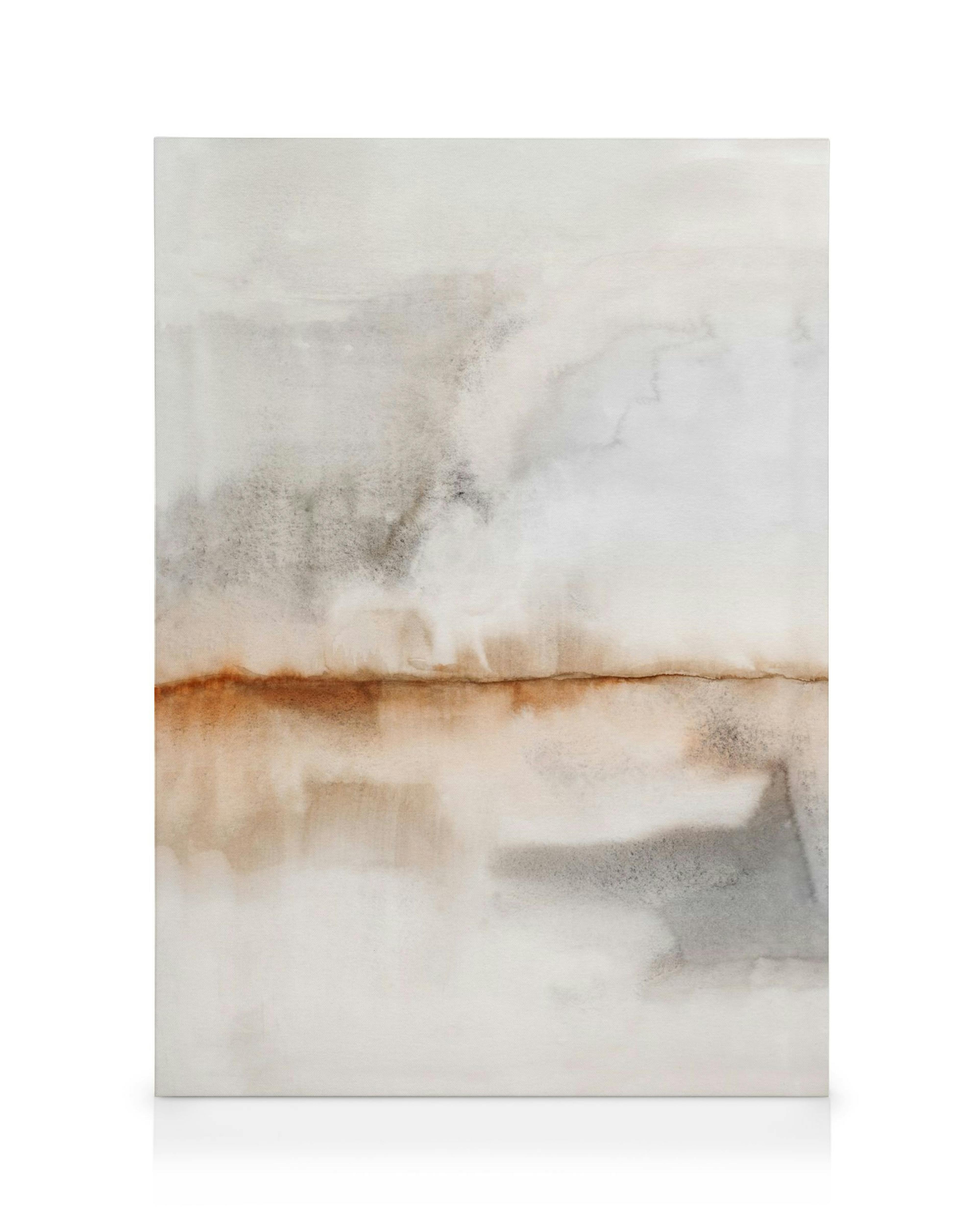 Toile abstraite tons neutres: coups de pinceau blancs, gris, marron, ligne horizontale distinctive