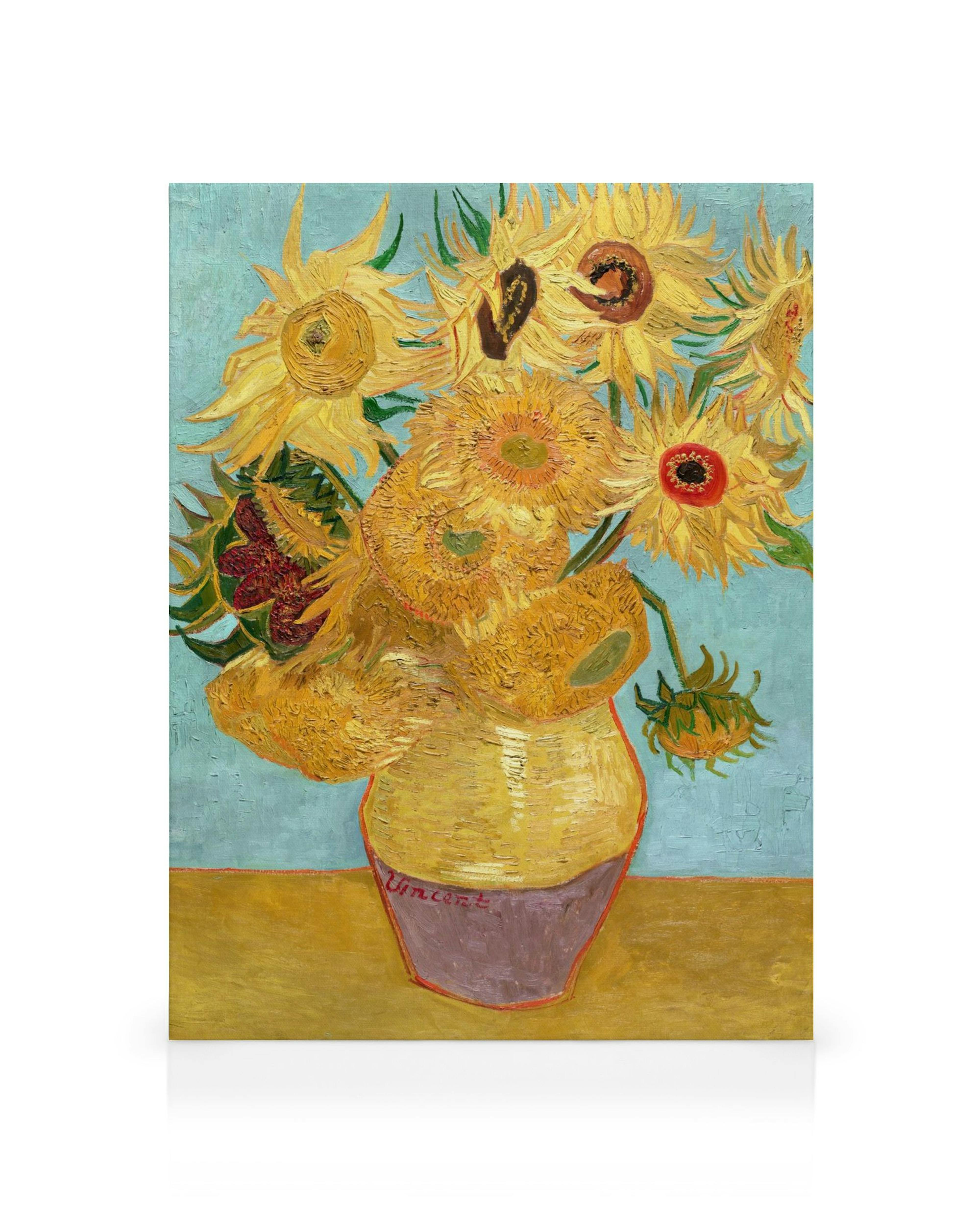 Pintura de girassóis amarelos em vaso marrom, com pinceladas grossas e visíveis, estilo Van Gogh.