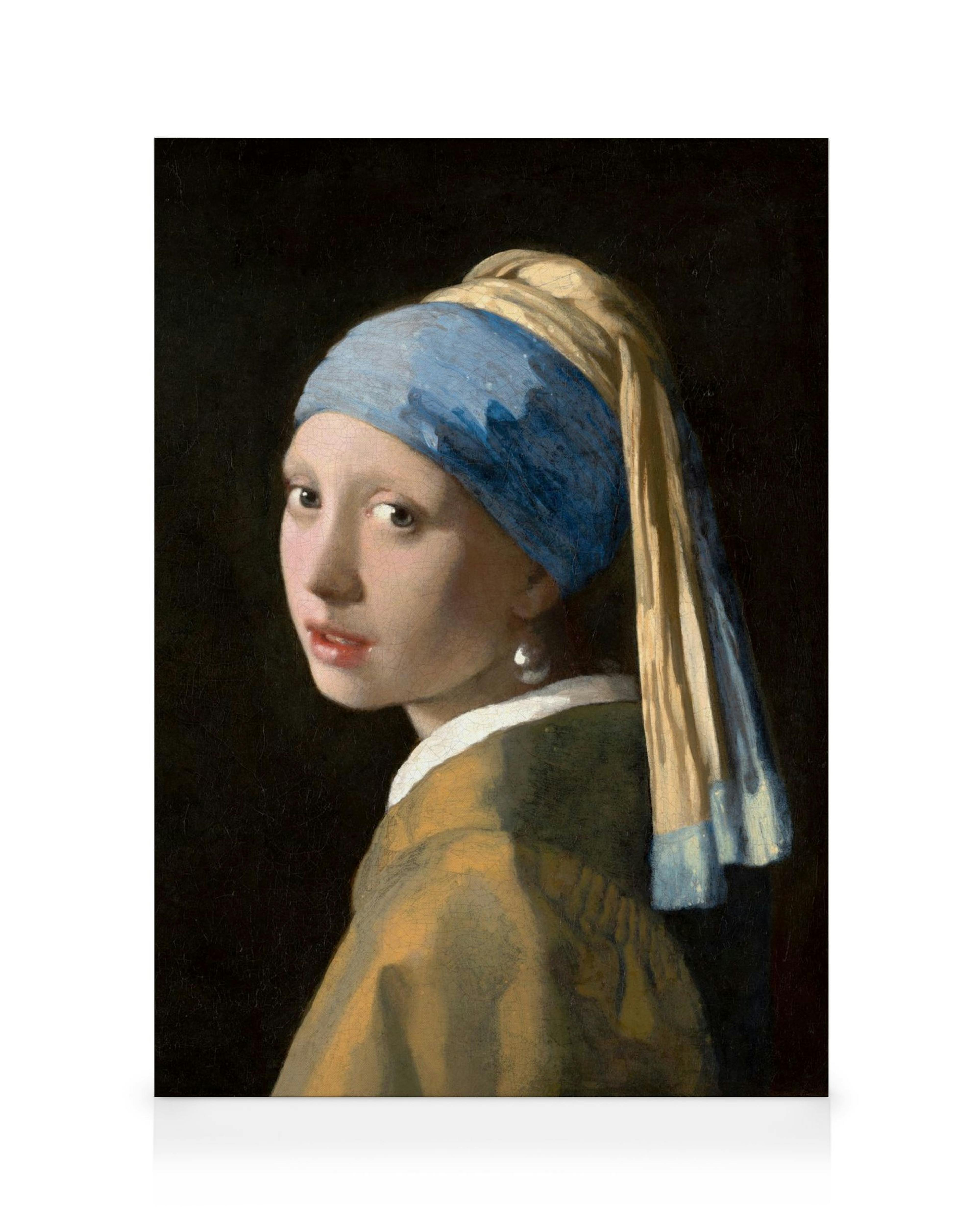 Johannes Vermeer, Mädchen mit Perlenohrring, Leinwandbild, blaues Tuch, gelber Mantel, Blick über die Schulter.
