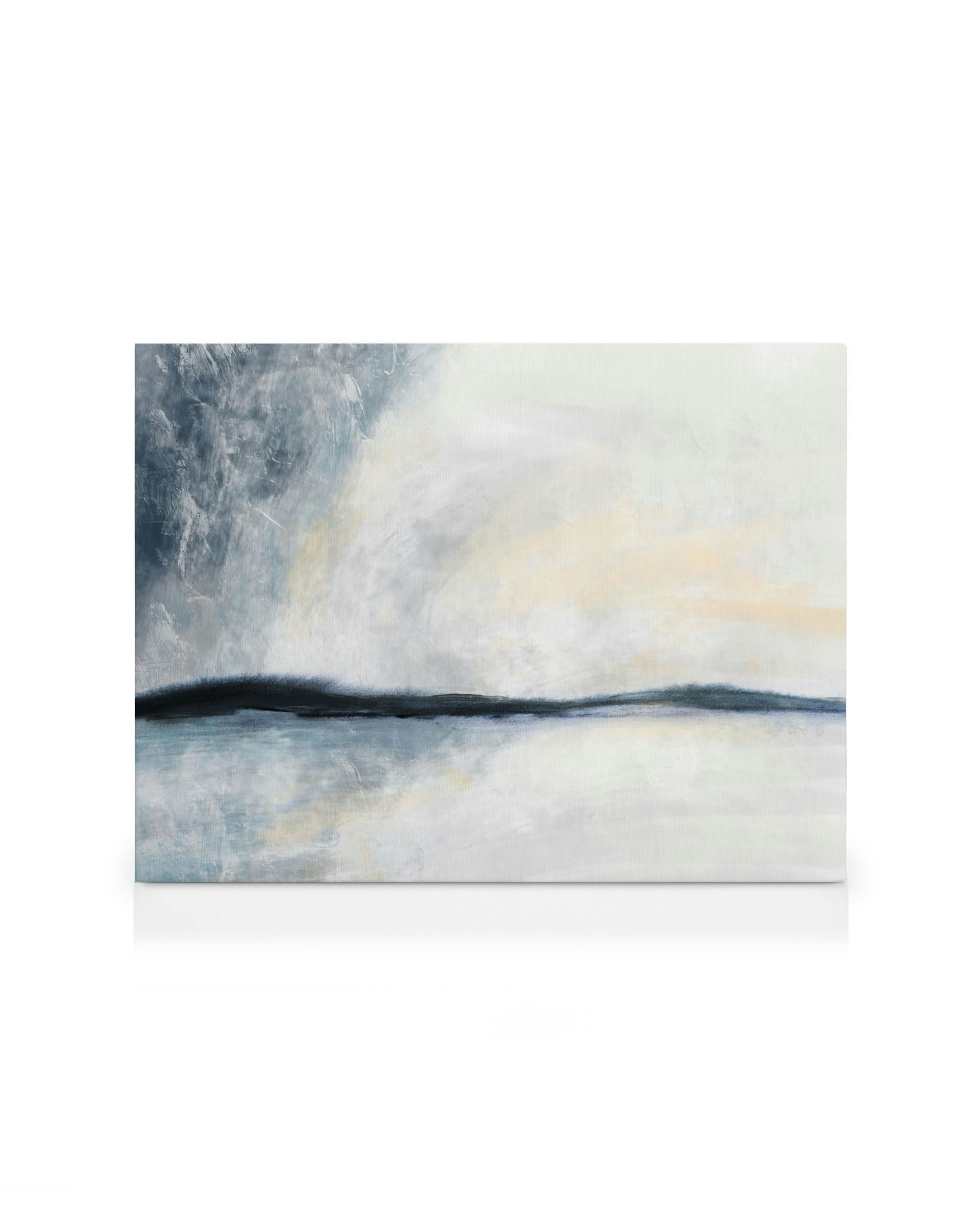 Textured landscape canvas art with gray, white, and dark blue brushstrokes, creating a calm, atmospheric horizon.
