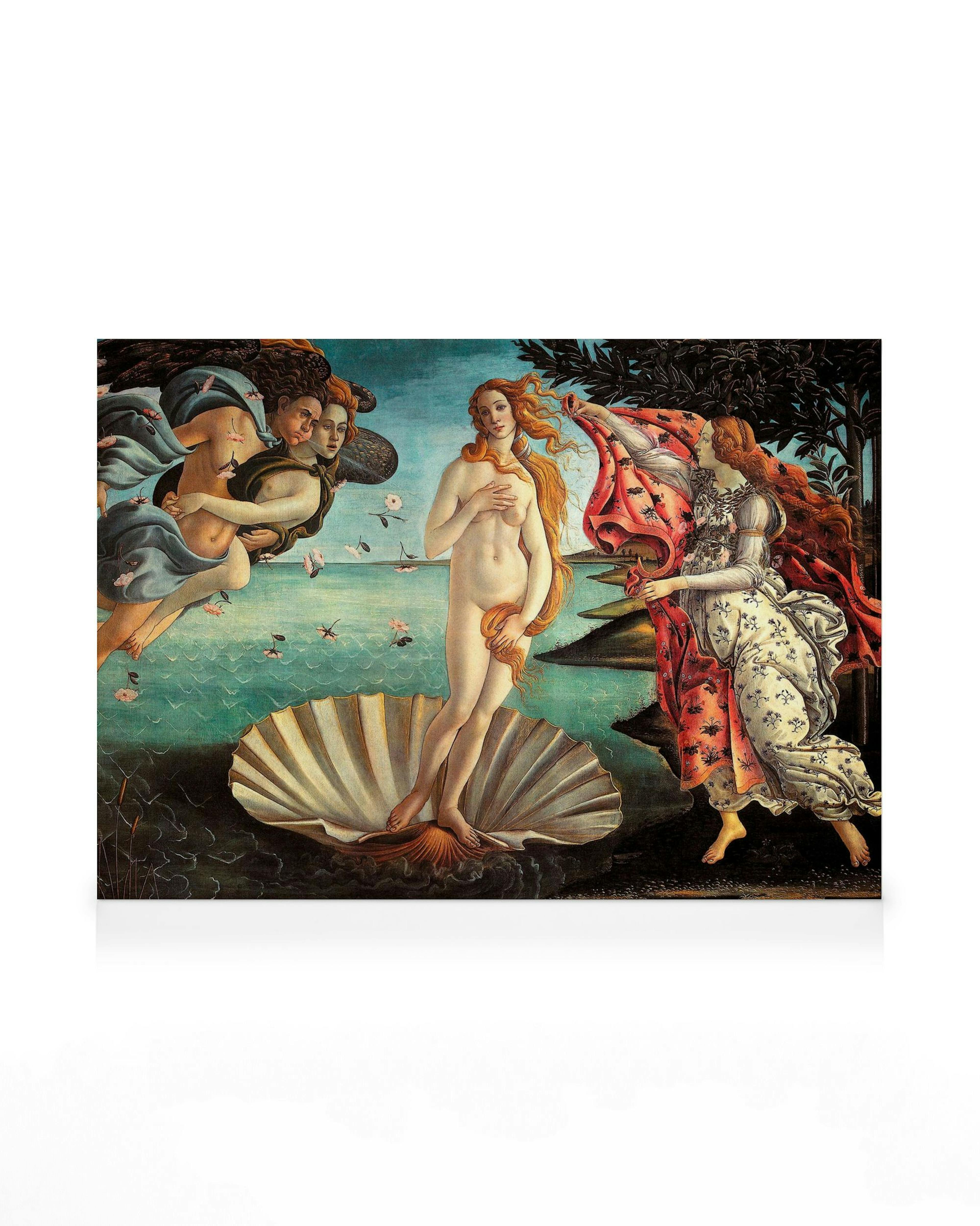 Canvas van Botticellis Geboorte van Venus, met naakte Venus in schelp, waaiende figuren en cherubijnen tegen blauwe lucht.