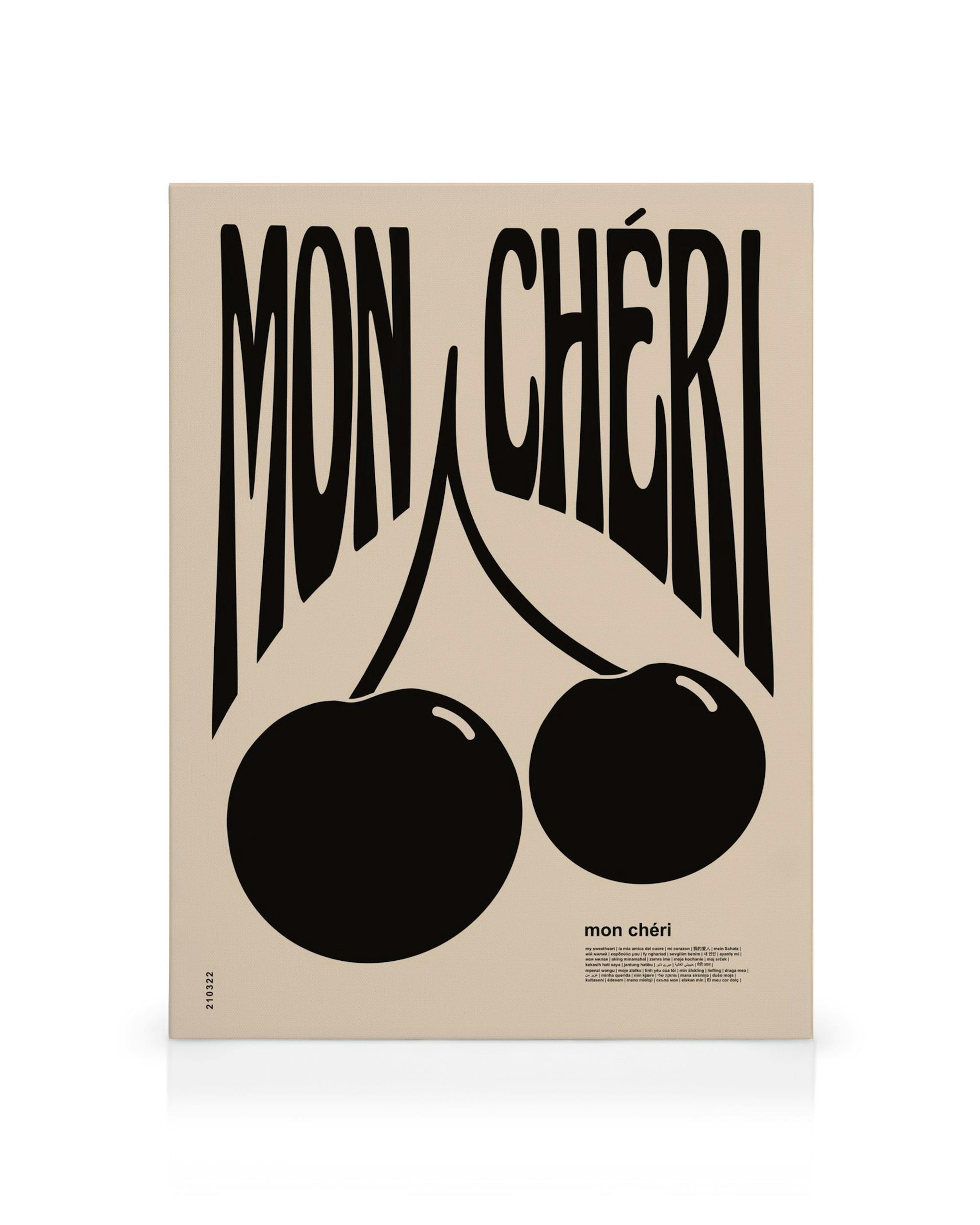 Lienzo Mon Cheri con texto francés negro y dos cerezas negras sobre fondo beige, estilo audaz.