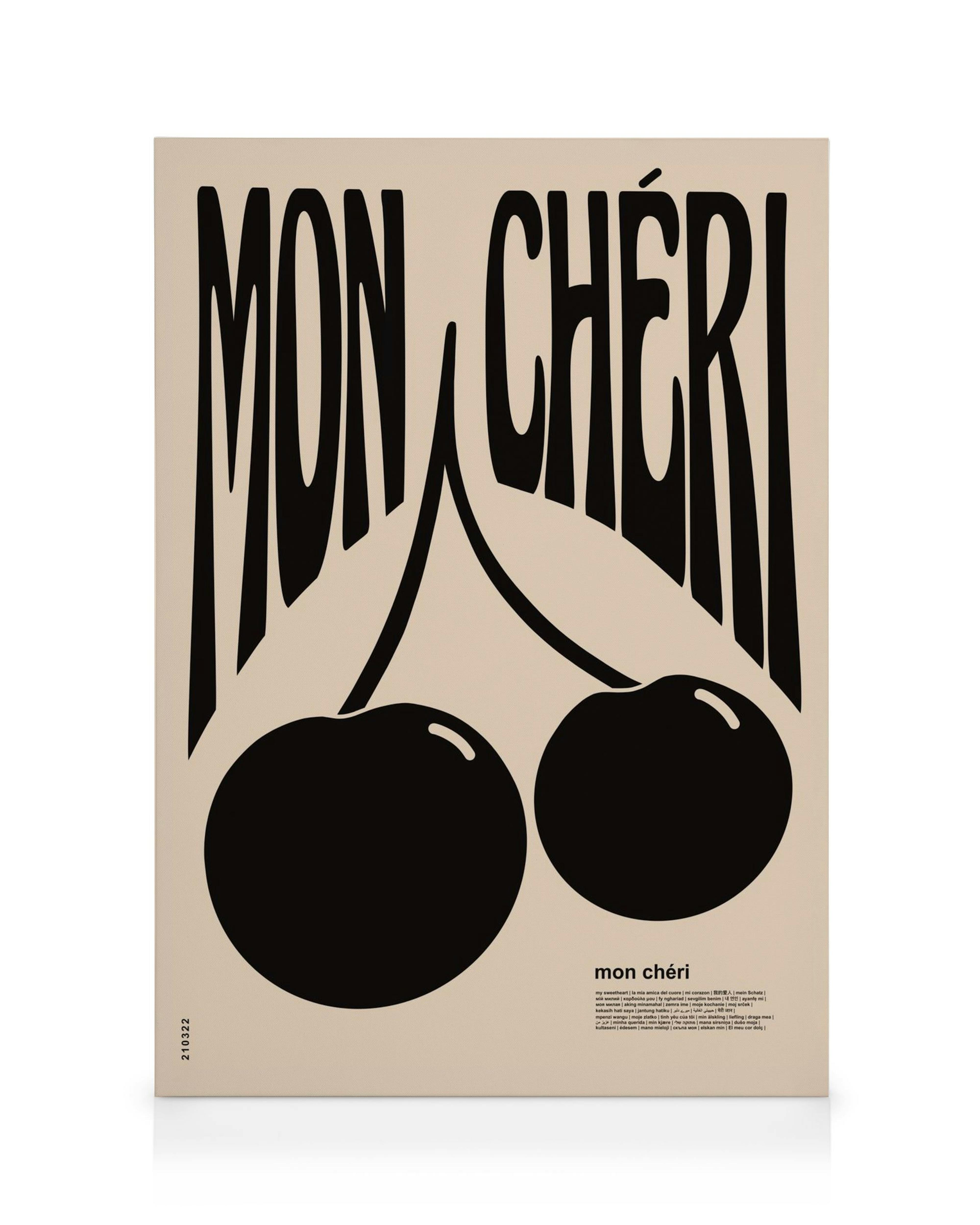 Mon Cheri black cherry graphic art on a beige canvas, featuring bold typography with two large black cherries.