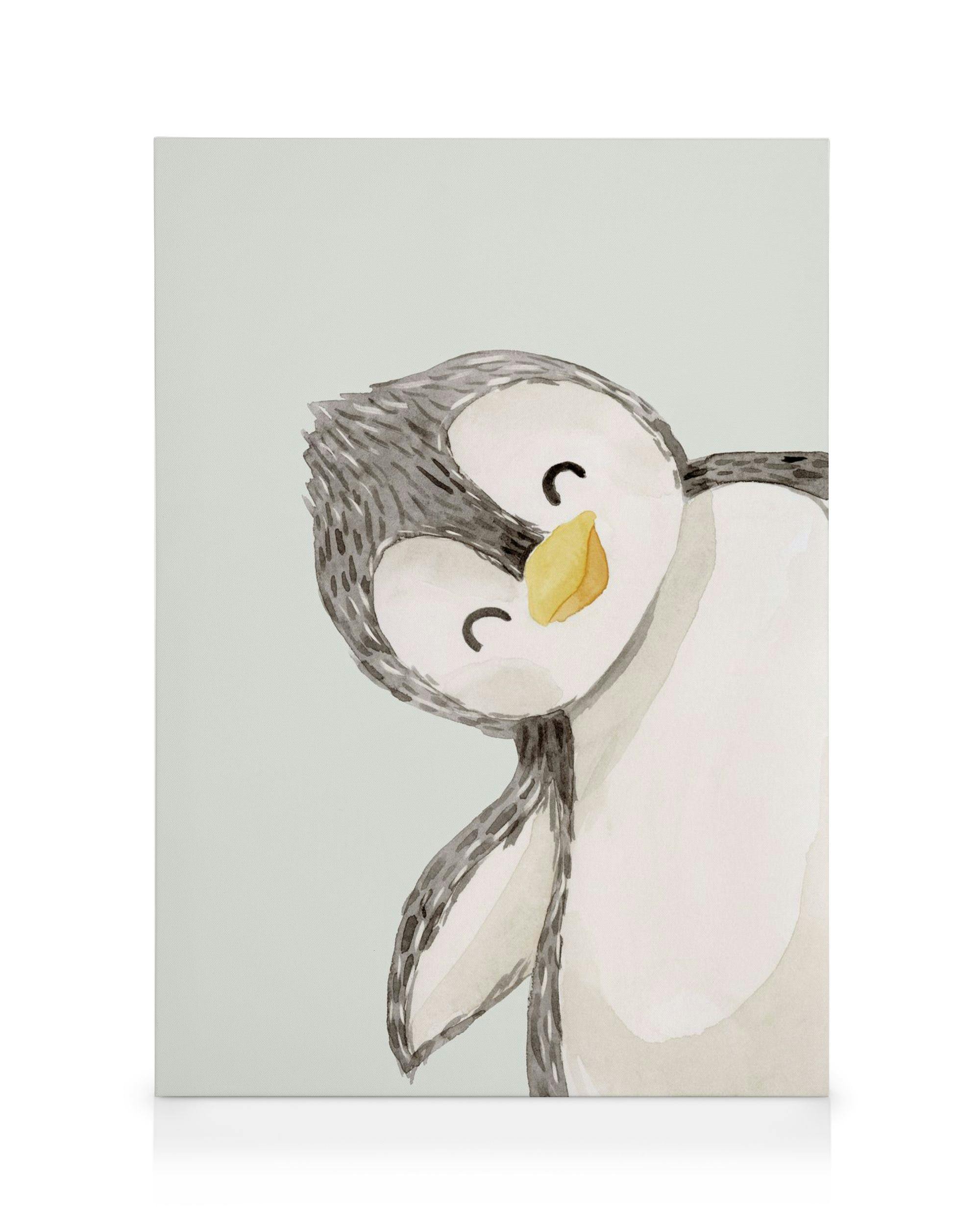 Watercolor illustration of a playful penguin with black and white feathers and a yellow beak, on a light blue background.