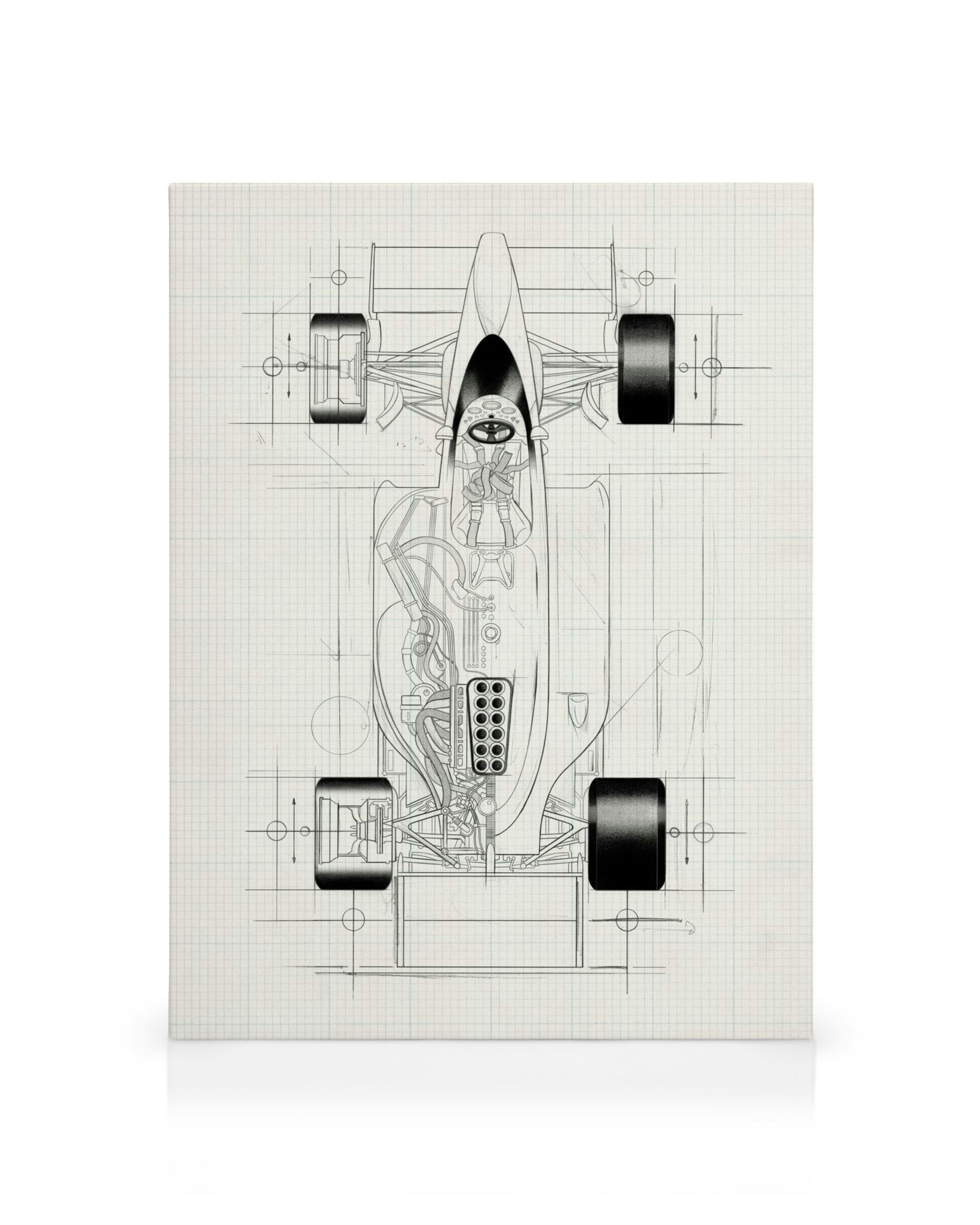 Σχέδιο αγωνιστικού αυτοκινήτου σε καμβά, με λεπτομερές σκίτσο μηχανικών σχεδίων σε χαρτί γραφήματος.