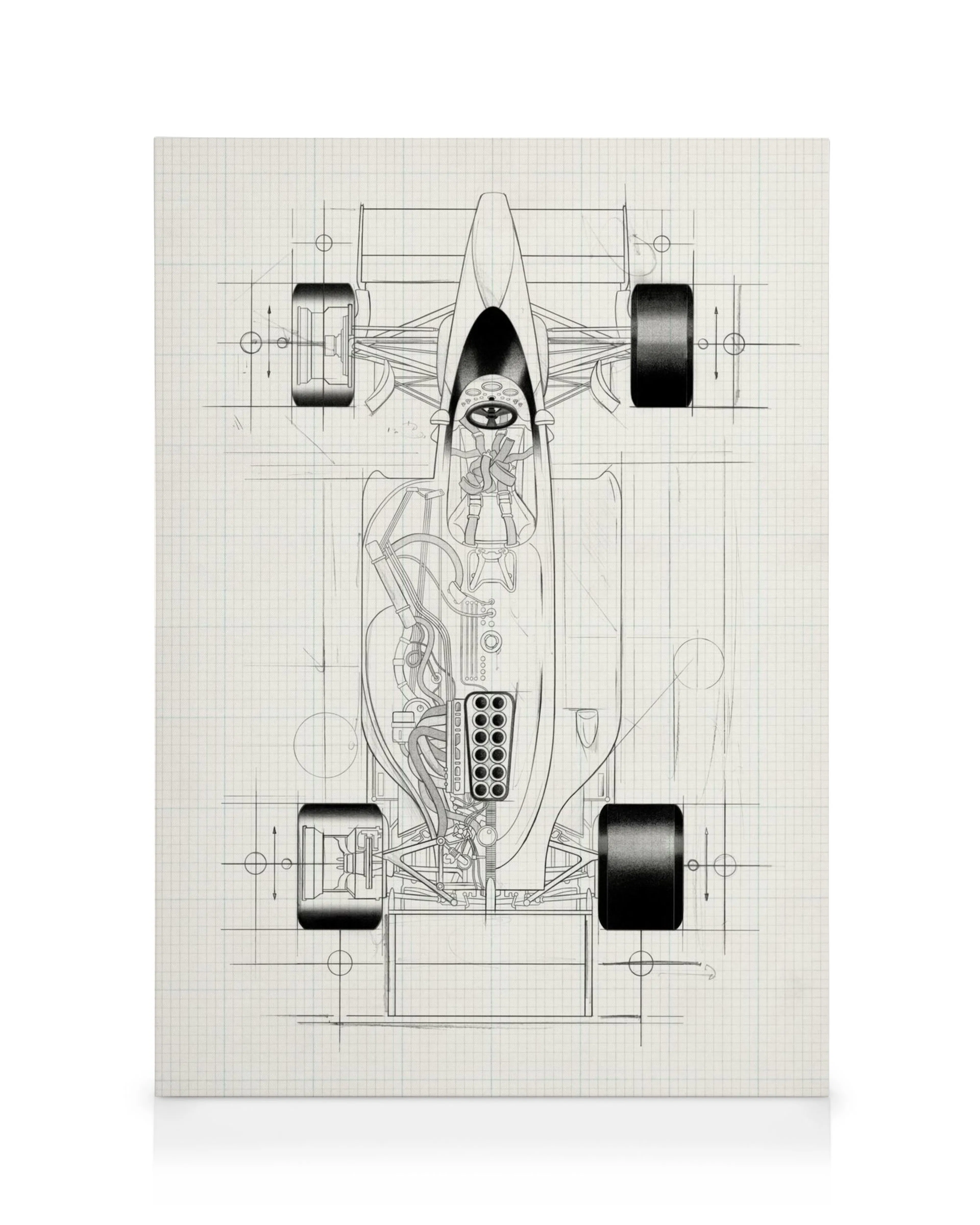 Náčrt závodního vozu F1 z ptačí perspektivy na plátně, detailní technické kreslení na čtvercovaném papíře.