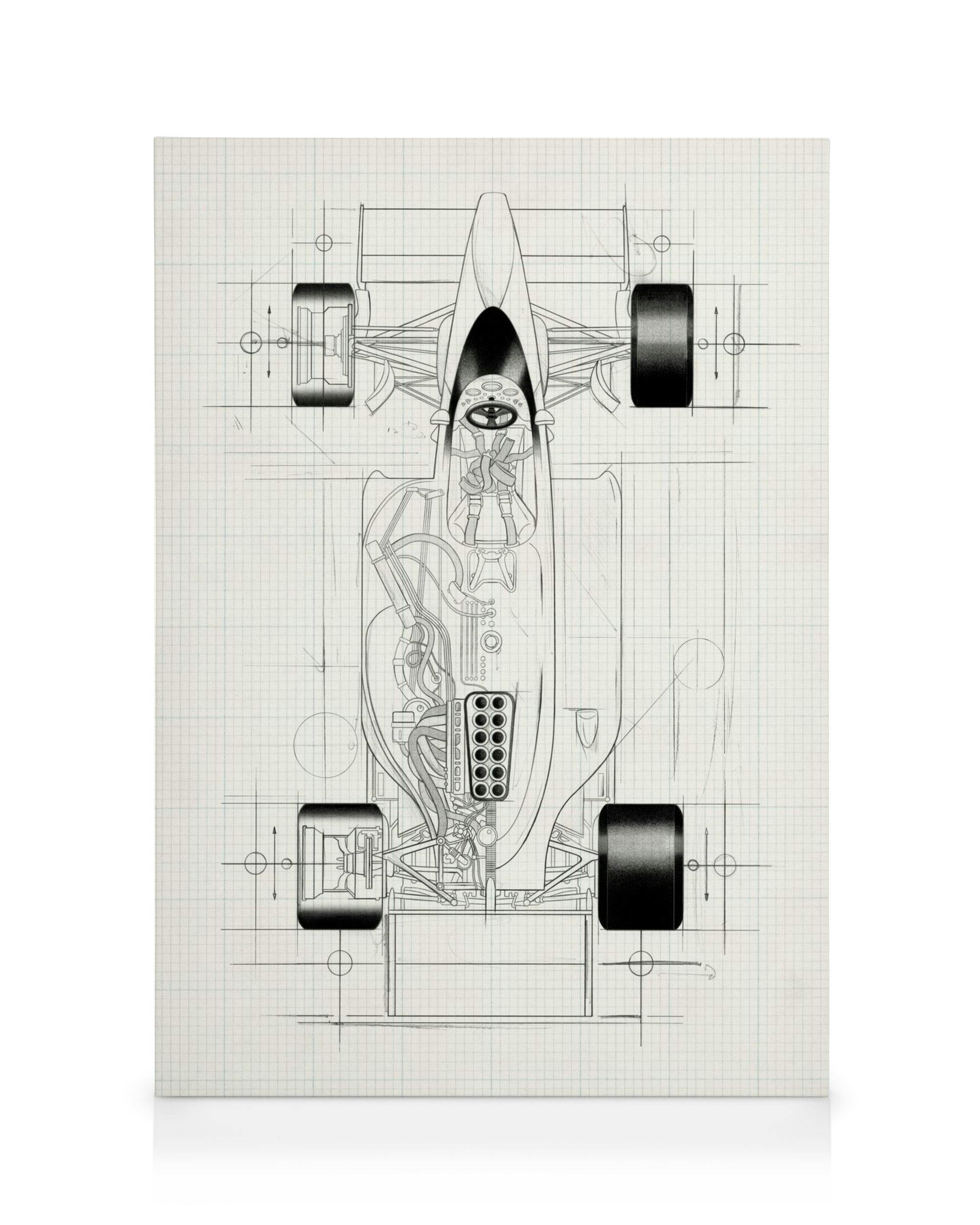 Dibujo técnico de coche de carreras en blanco y negro, vista superior en papel milimetrado, ingeniería automotriz.
