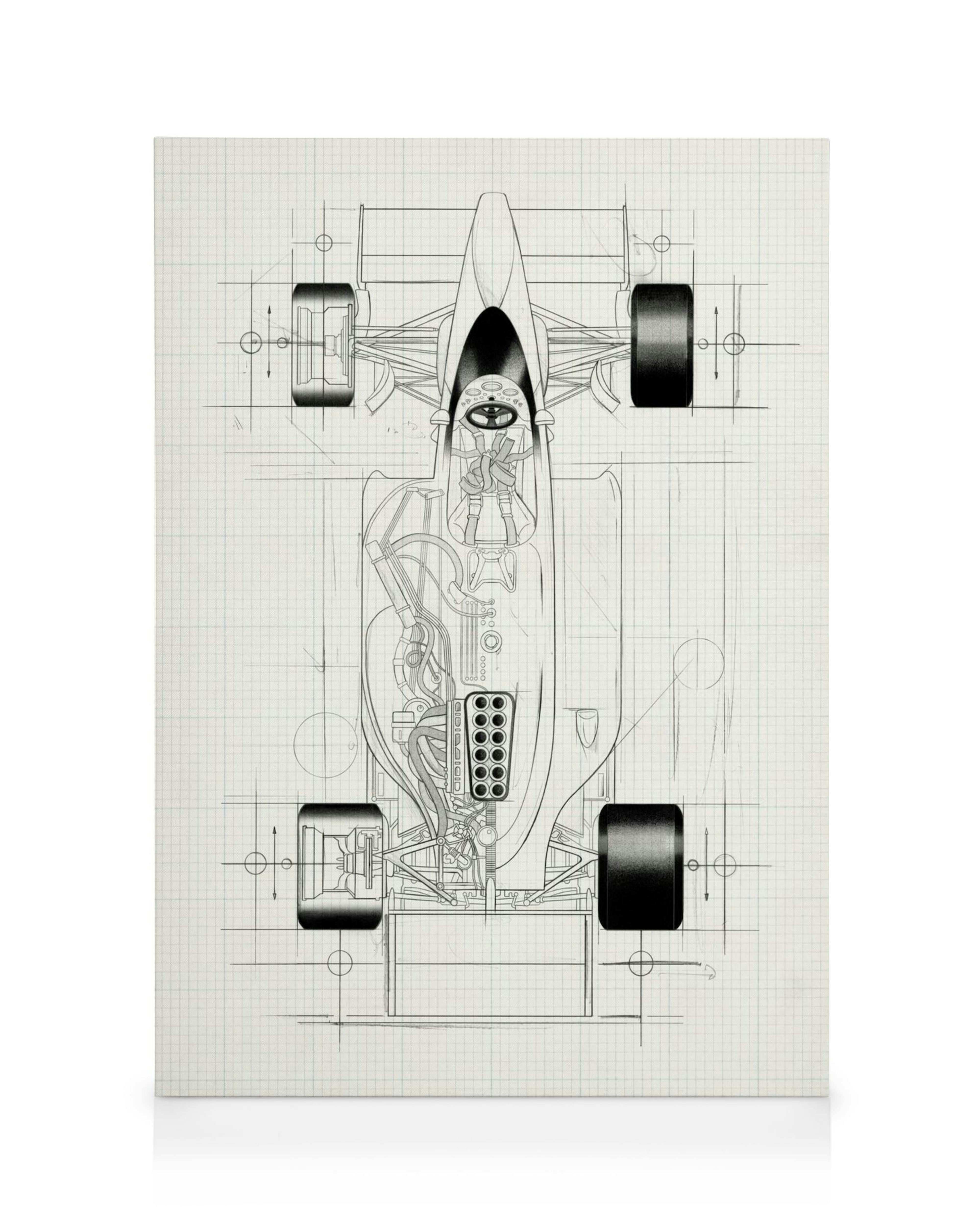 Dibujo técnico de coche de carreras en blanco y negro, vista superior en papel milimetrado, ingeniería automotriz.