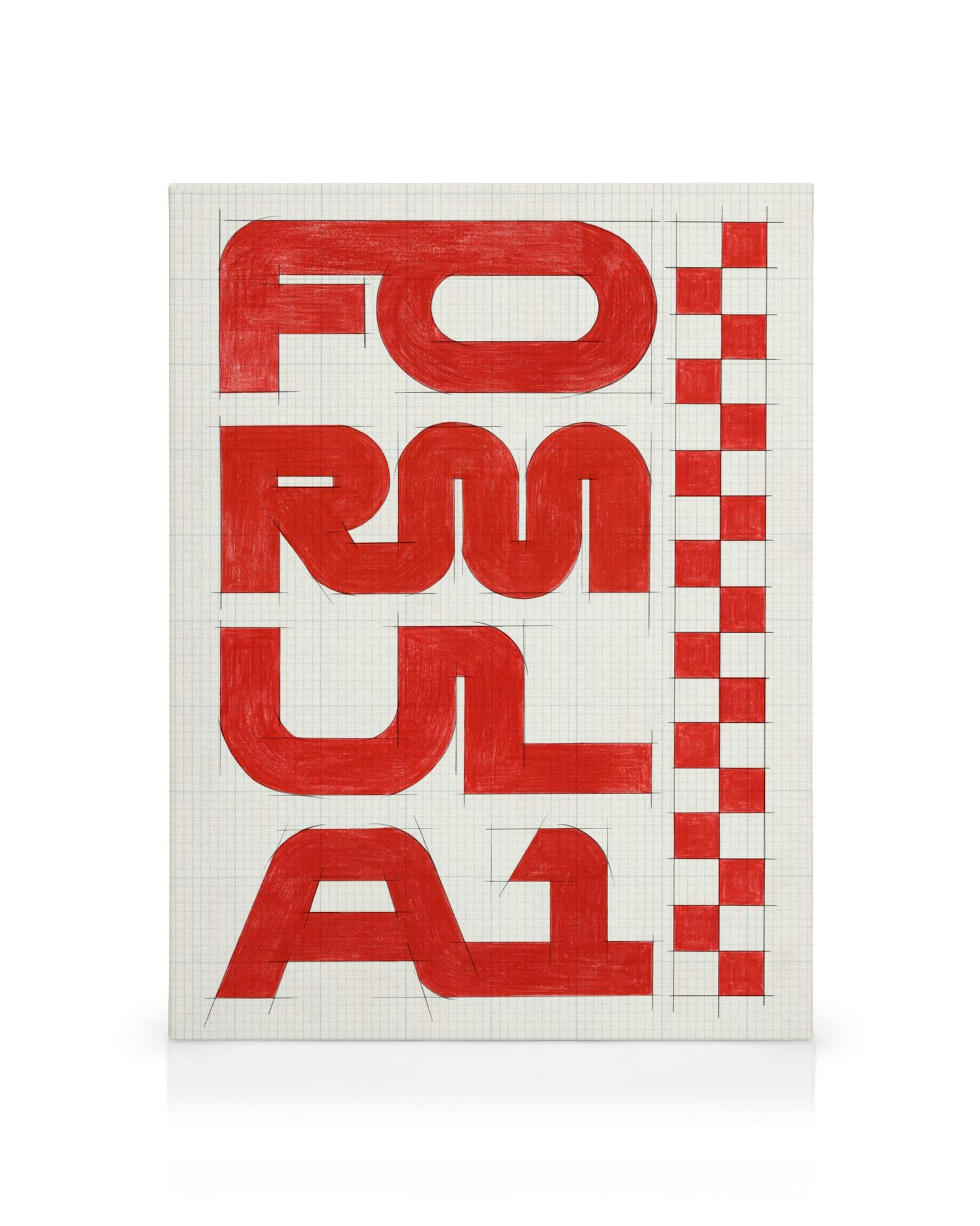 Obraz na płótnie FORMUŁA 1 z czerwonymi literami na siatce, obok szachownica, styl techniczny, sztuka nowoczesna.