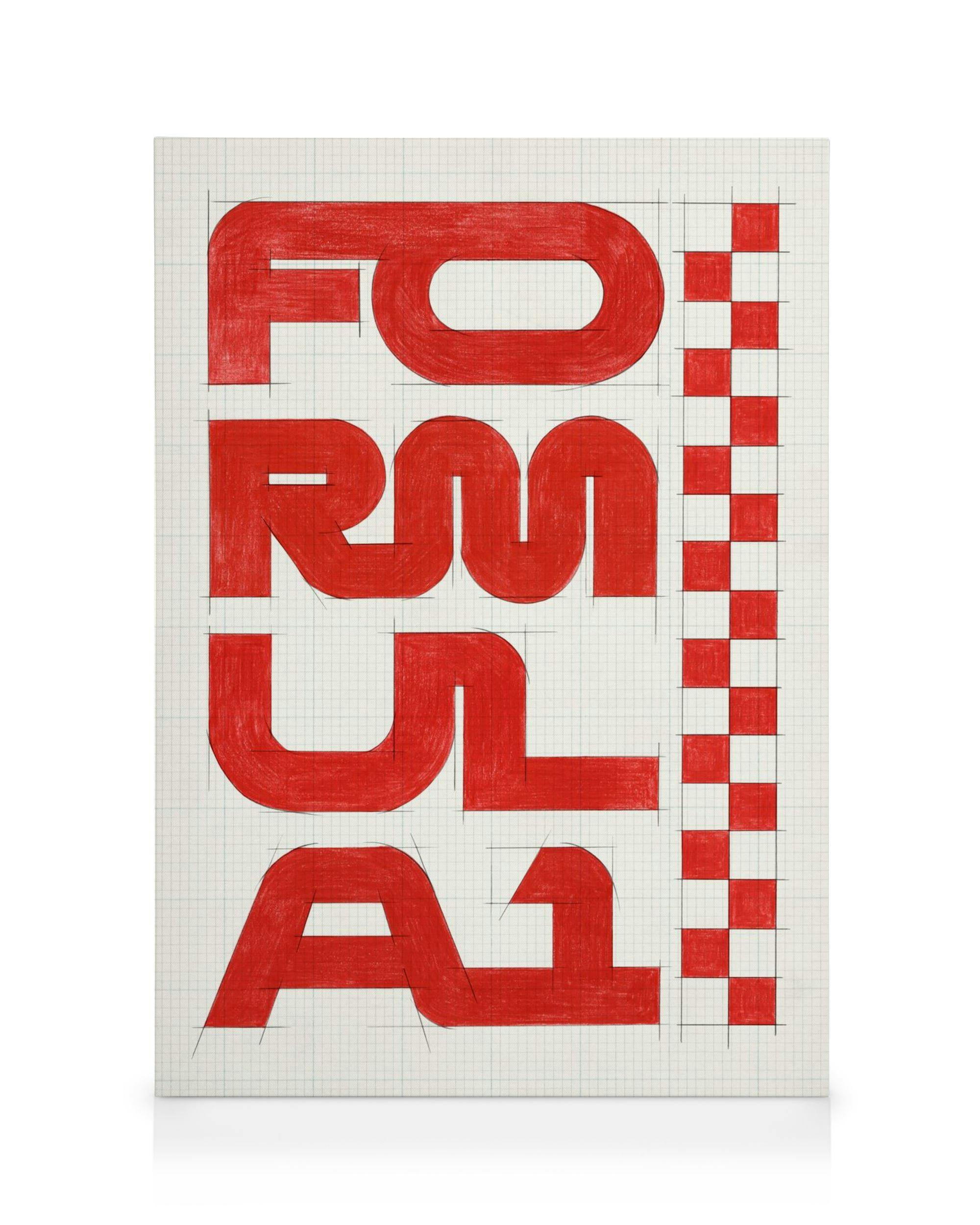 Red Formula 1 text with checkered flag pattern on graph paper canvas print, bold F1 racing art.