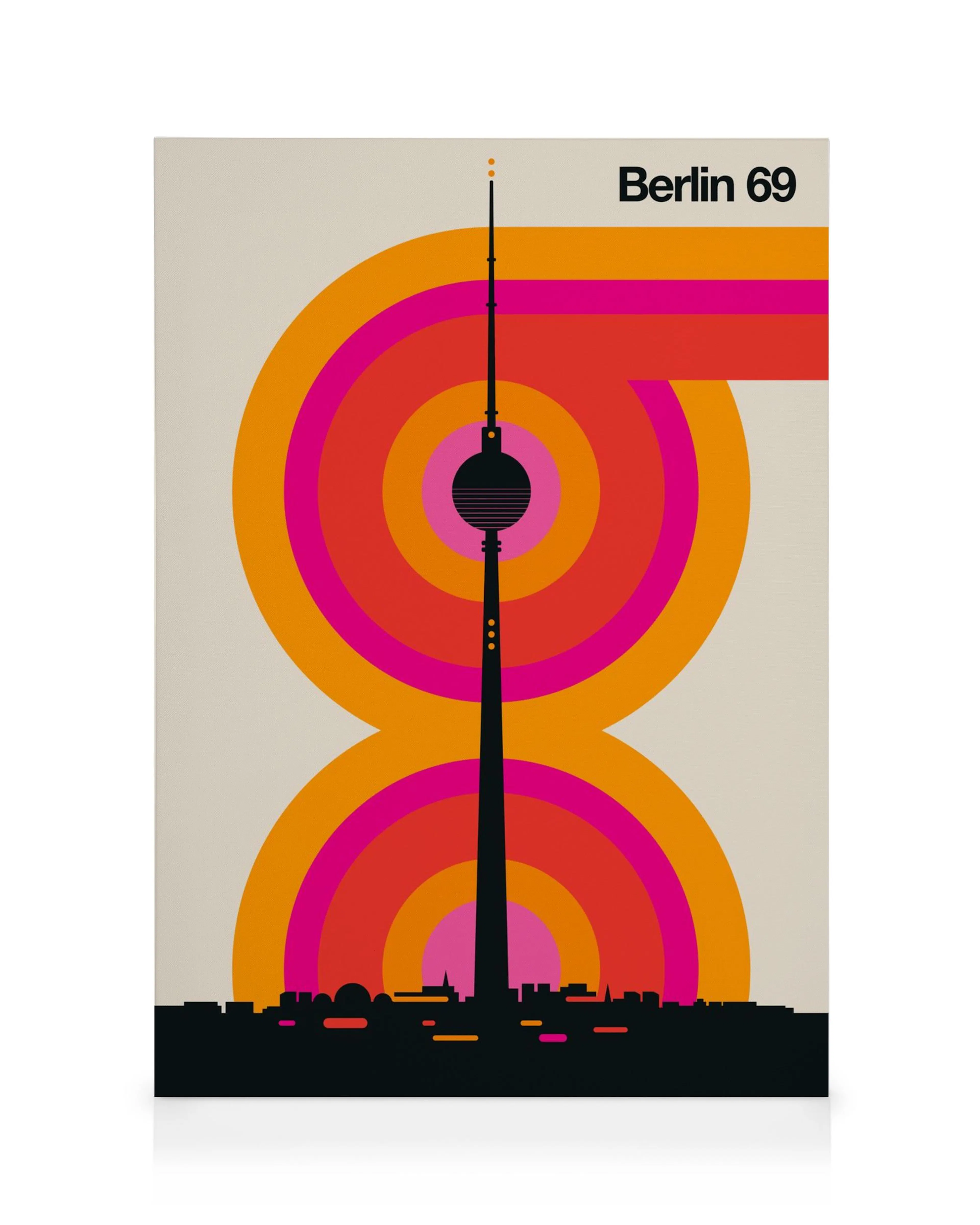 Berlin TV tower canvas print with orange and pink concentric circles and Berlin 69 text. Modern wall art print.