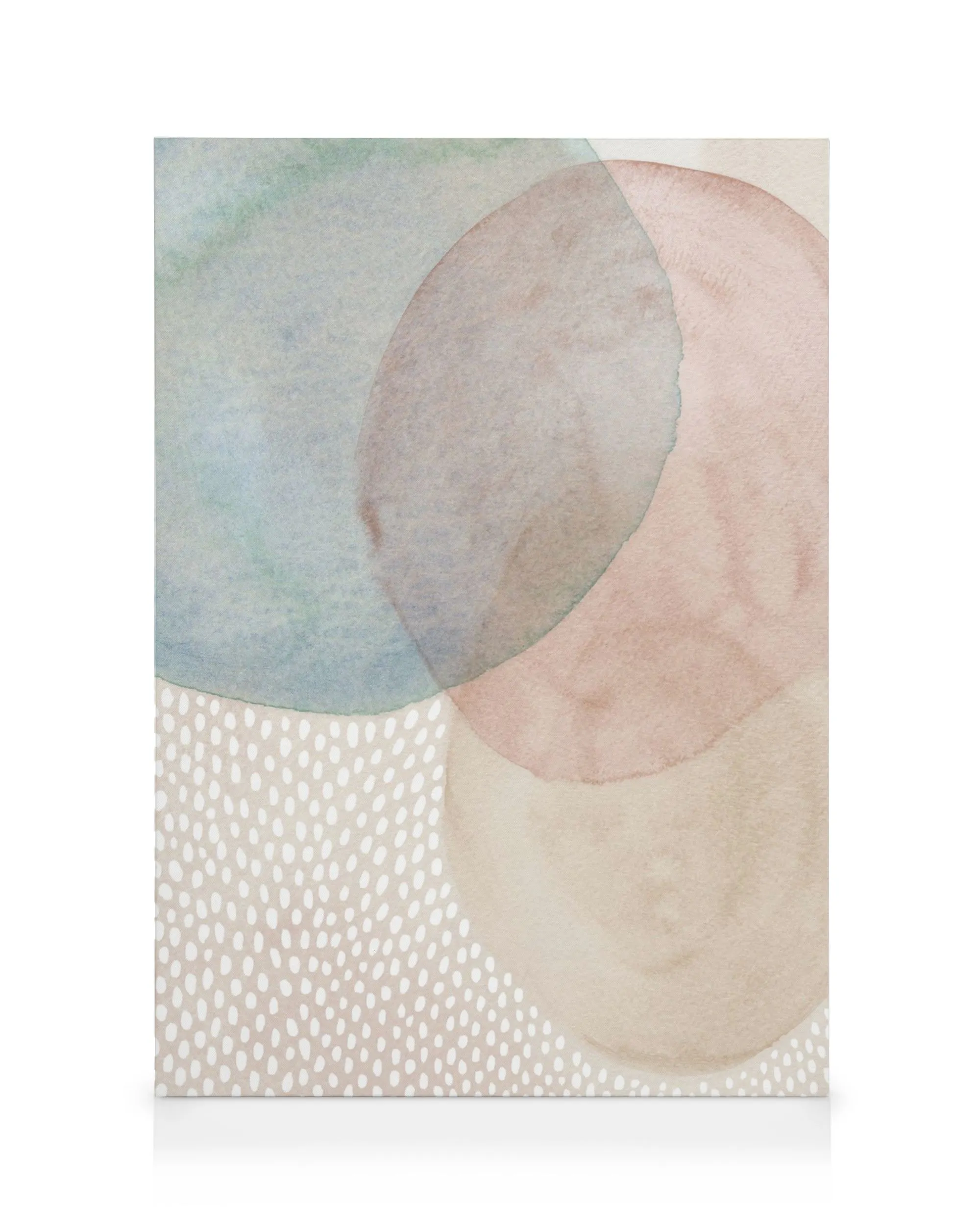 Abstraktes Leinwandbild mit überlappenden Kreisen in Pastellblau, Braun und Rosa auf aquarelliertem Hintergrund.