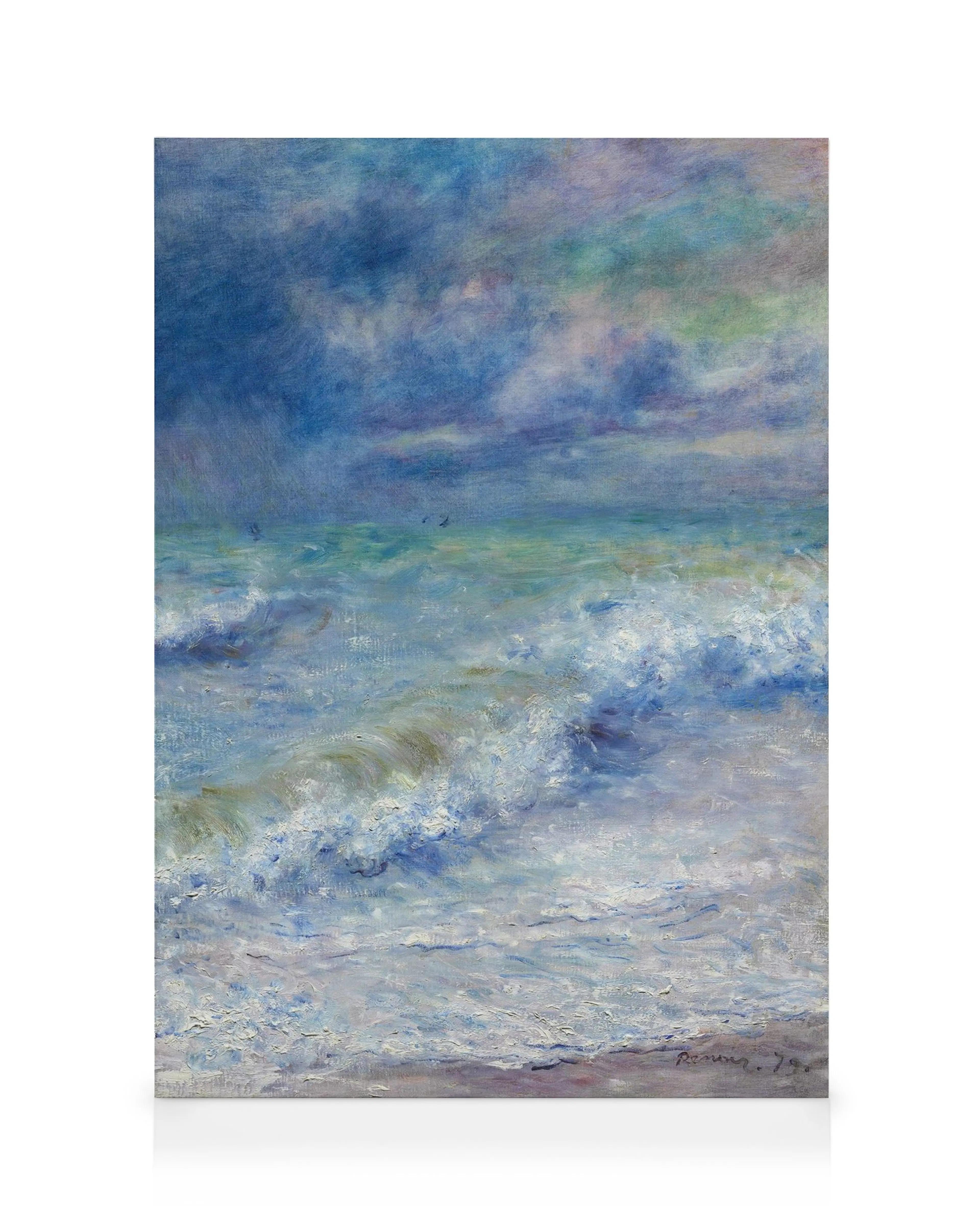 Lienzo impresionista marino de Renoir con olas espumosas y cielo nublado, en tonos azules, blancos y verdes