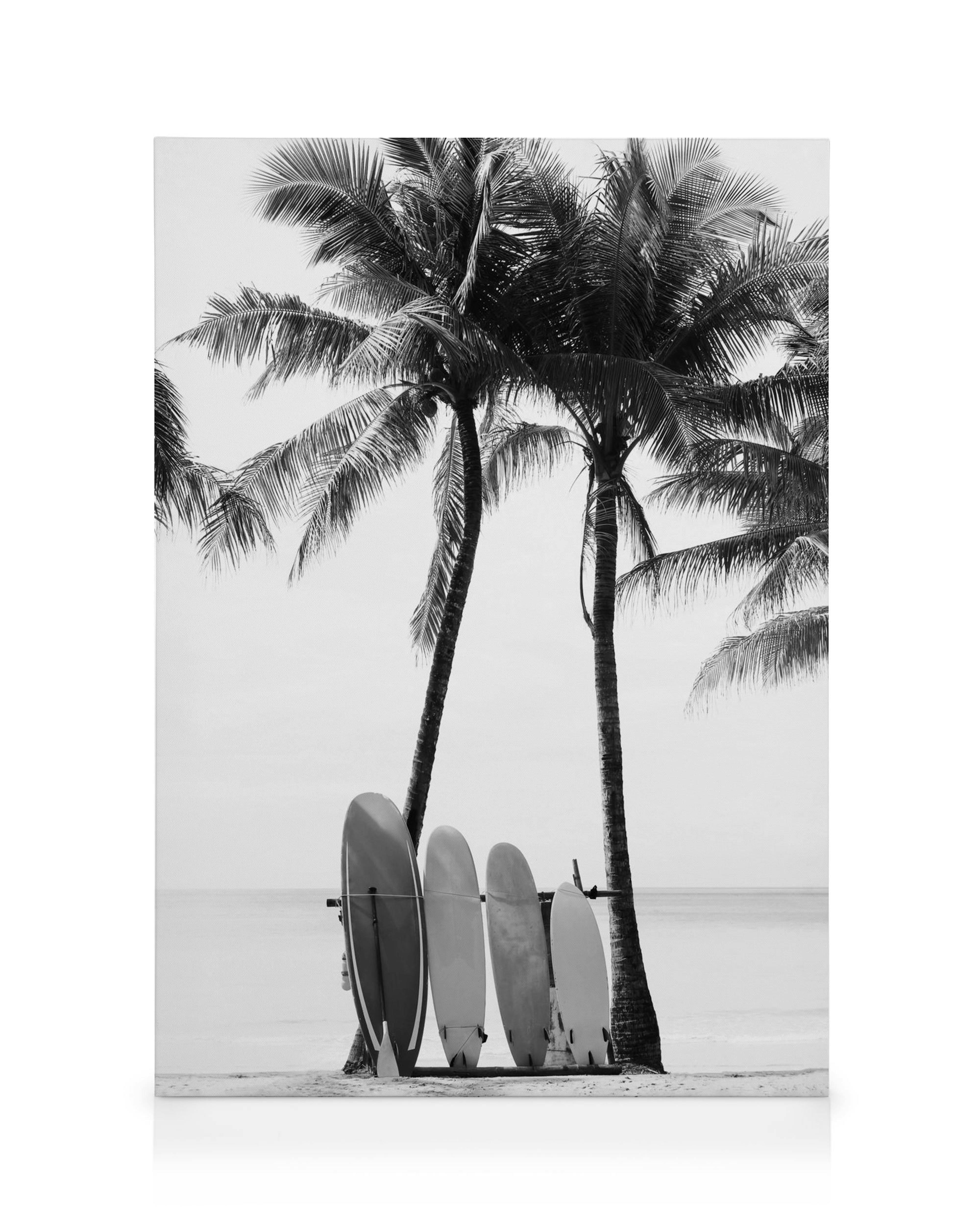 Schwarz-weißes Leinwandbild mit Surfbrettern und Palmen am Strand, ideal für tropisches oder Stranddekor.