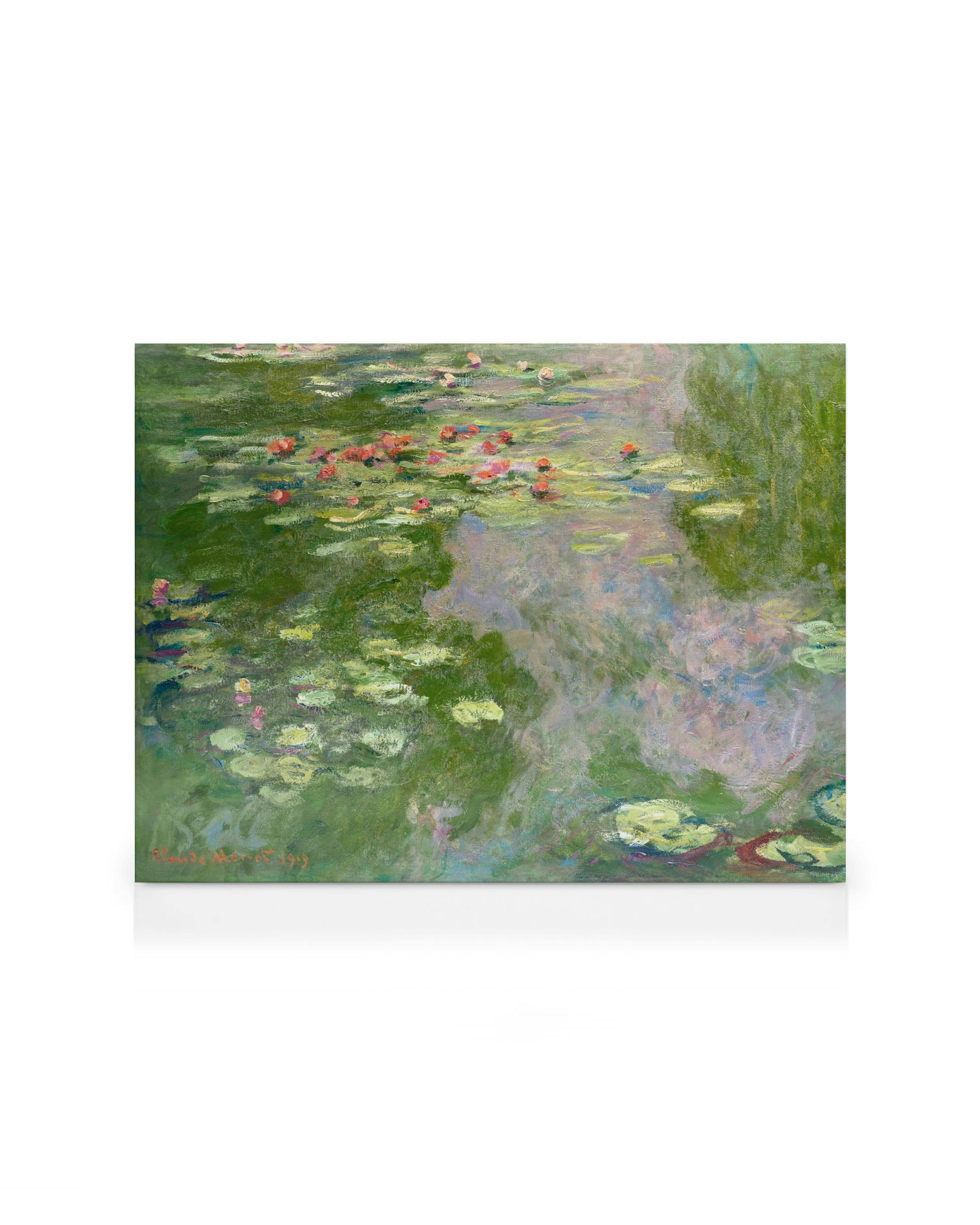 Monets Water Lily Pond canvas print, featuring pink and blue water lilies and green lily pads on a calm pond.