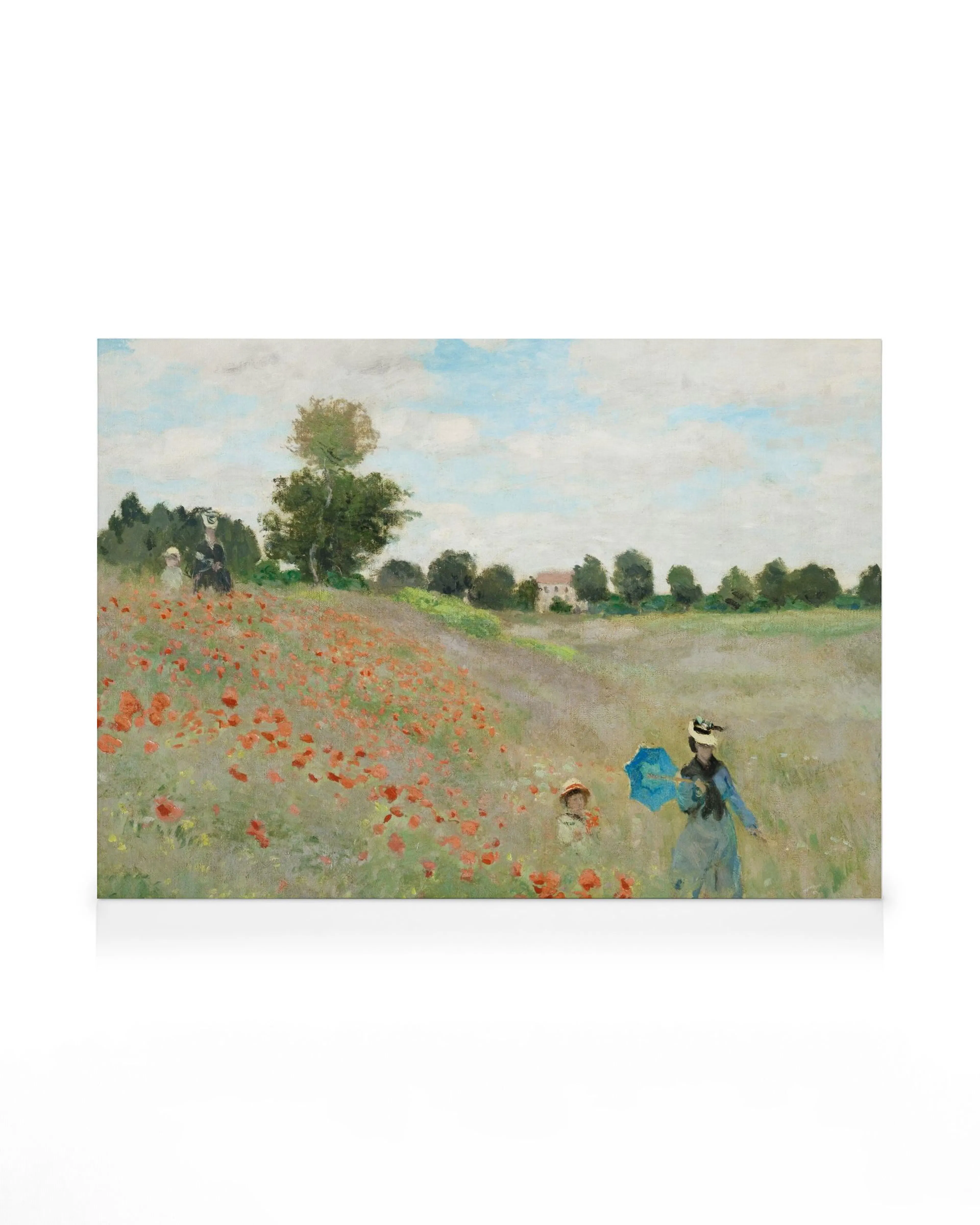 Monets Poppy Field near Argenteuil, an impressionistic canvas print of a field with red flowers, a woman, and a child.