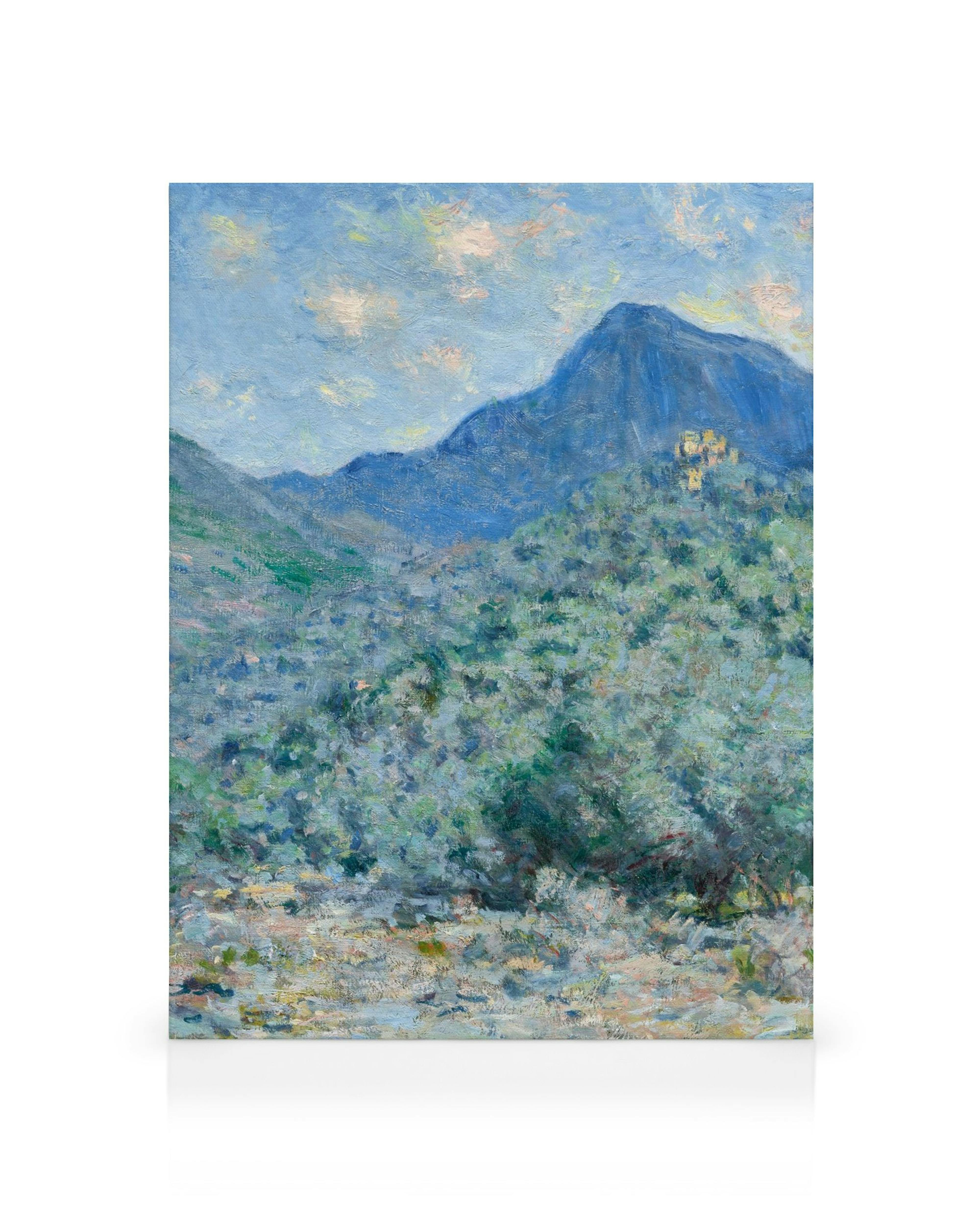 Monets Valle Buona painting, a blue mountain landscape with green vegetation and a light blue sky with white clouds.