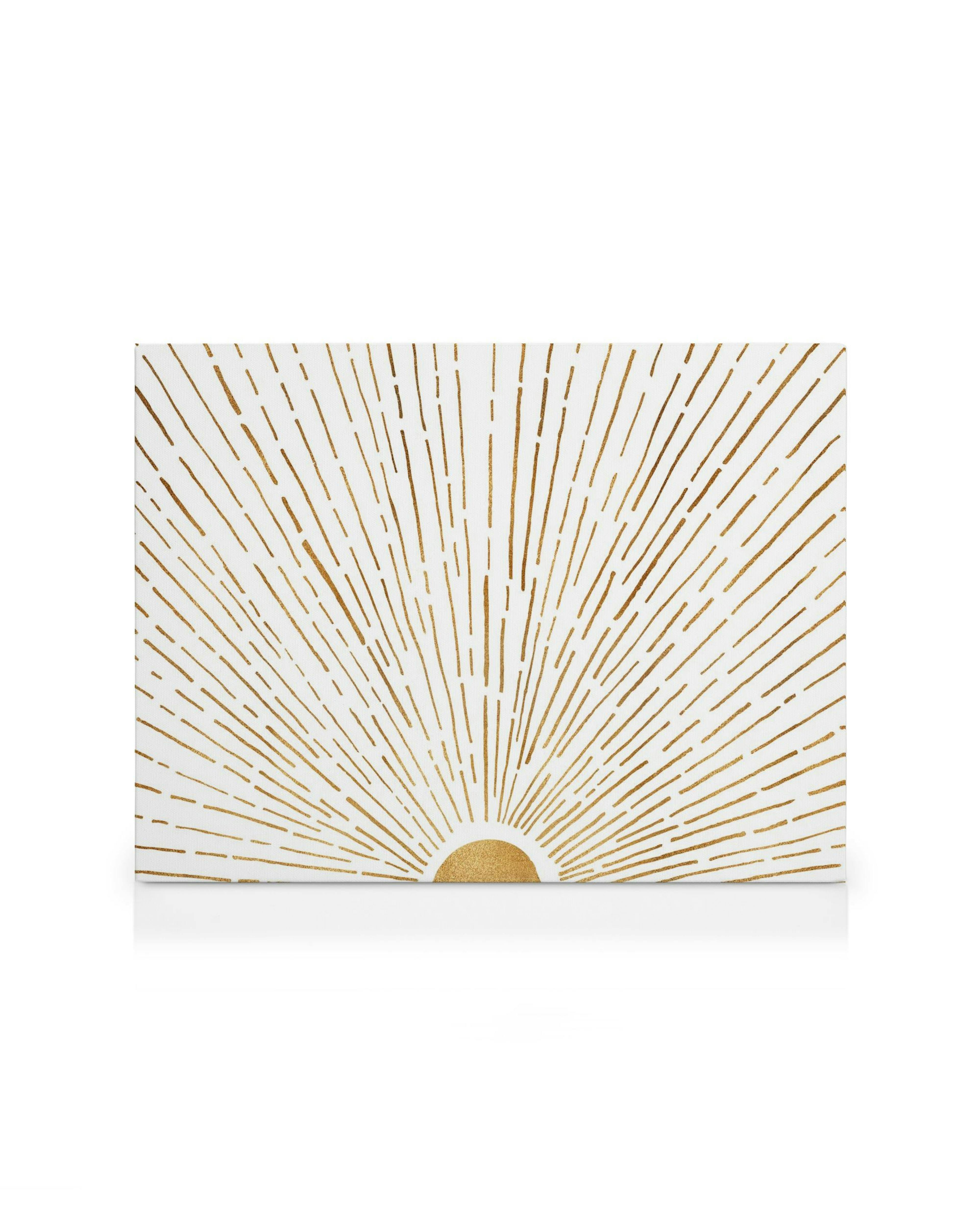Toile Let The Sunshine in de Kristian Gallagher, motif radial doré sur fond blanc, soleil levant abstrait.