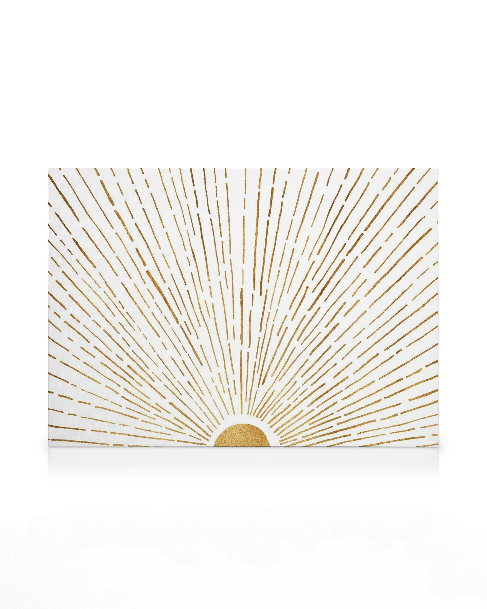 Kultainen auringonnousu kanvaasitaulu, jossa puoliympyrän muotoinen aurinko säteilee ylöspäin ohuina, katkonaisina viivoina valk