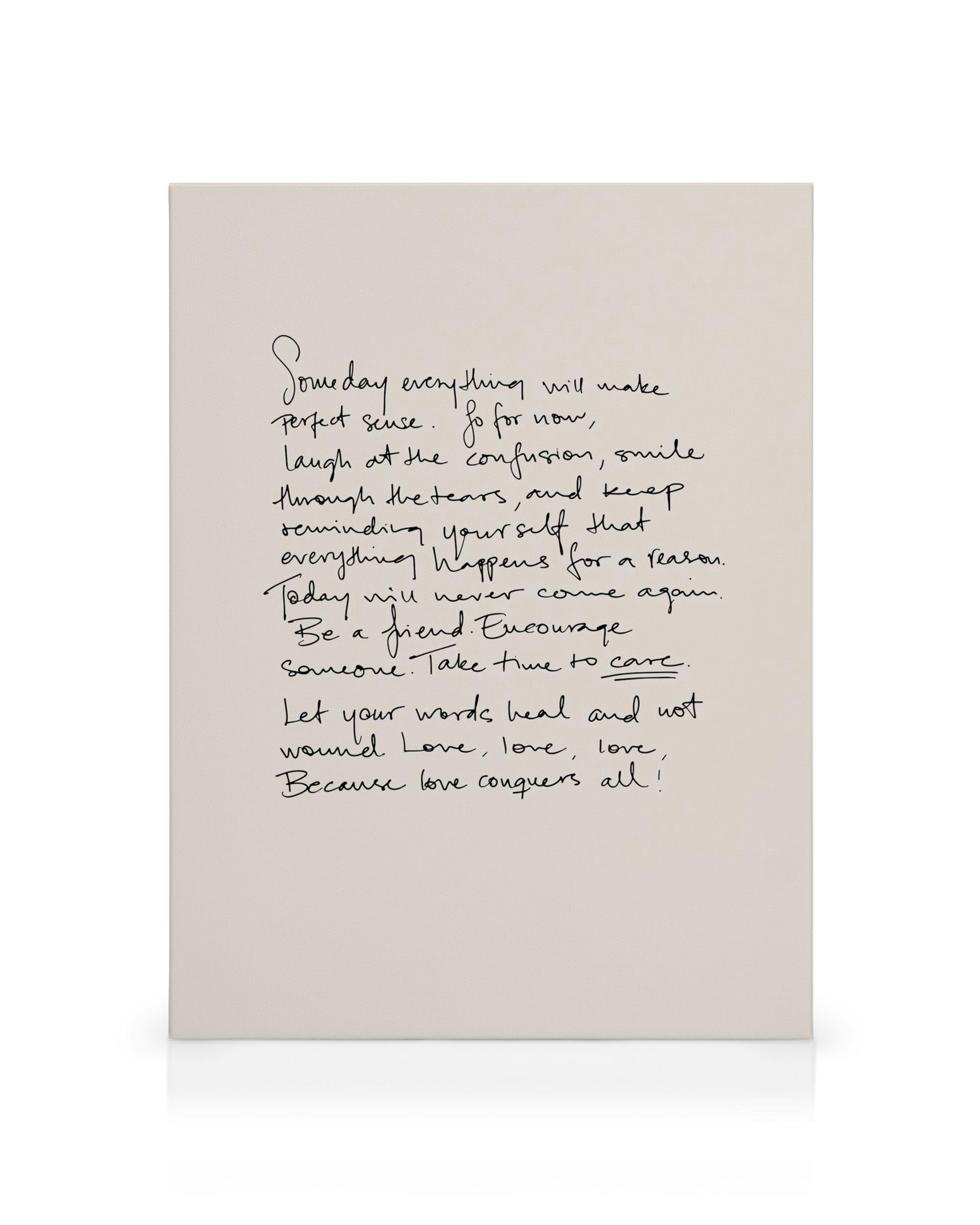 Plátno s citátom v čiernom rukopise na béžovom pozadí, inšpiratívny text o láske a odpustení.