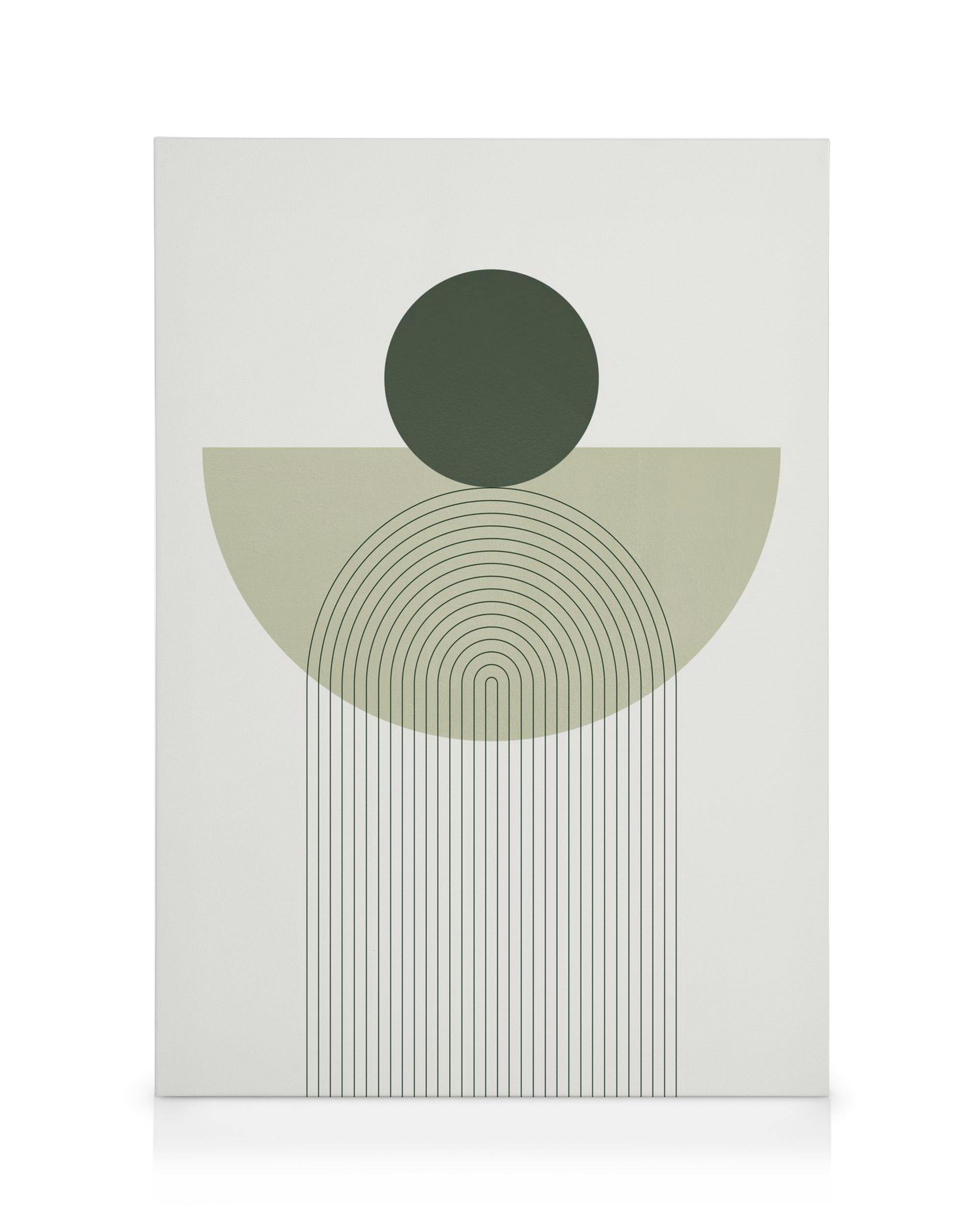 Leinwandbild mit geometrischen Formen: grüner Kreis auf hellgrünem Halbkreis, darunter vertikale Linien und Bögen.