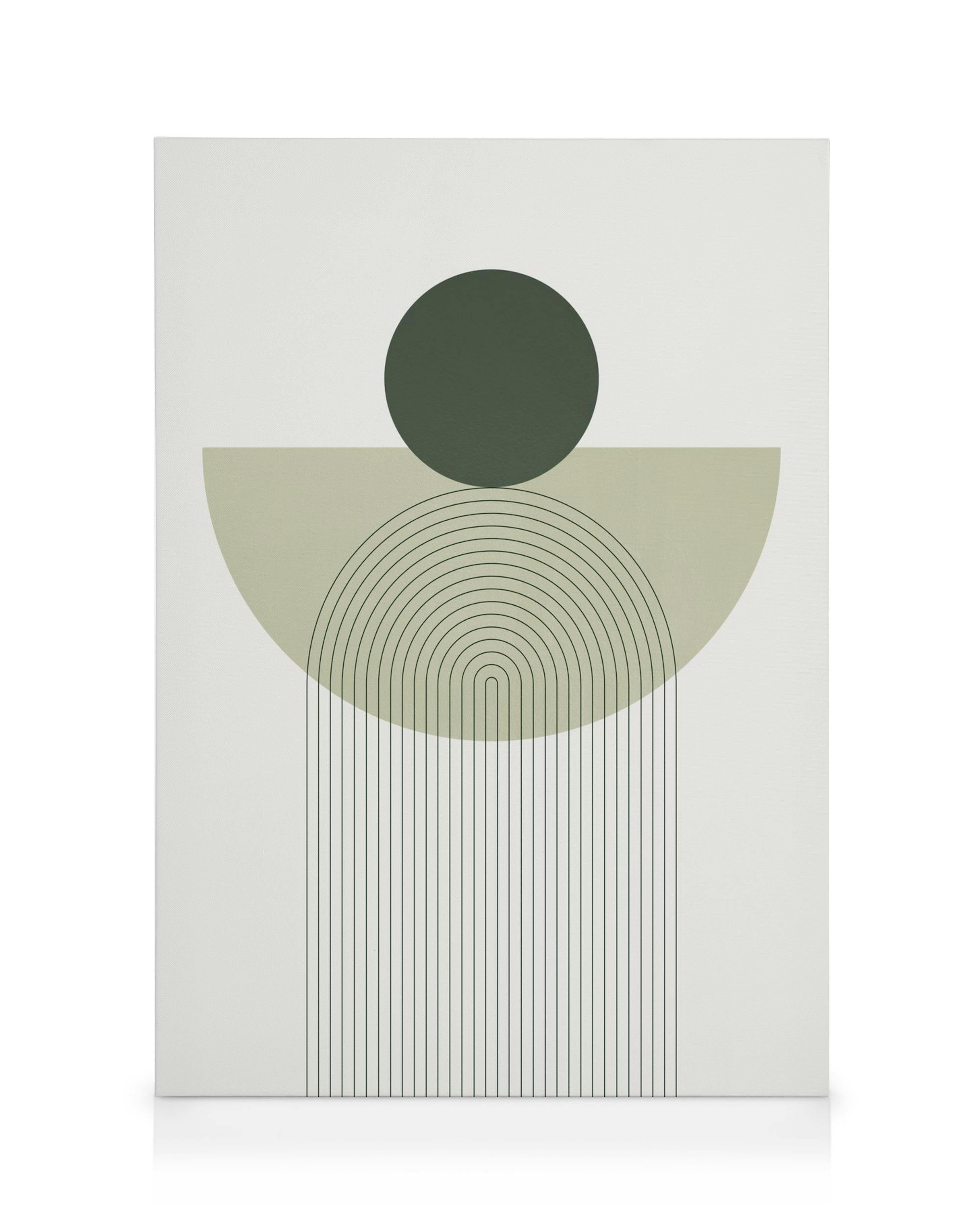 Leinwandbild mit geometrischen Formen: grüner Kreis auf hellgrünem Halbkreis, darunter vertikale Linien und Bögen.