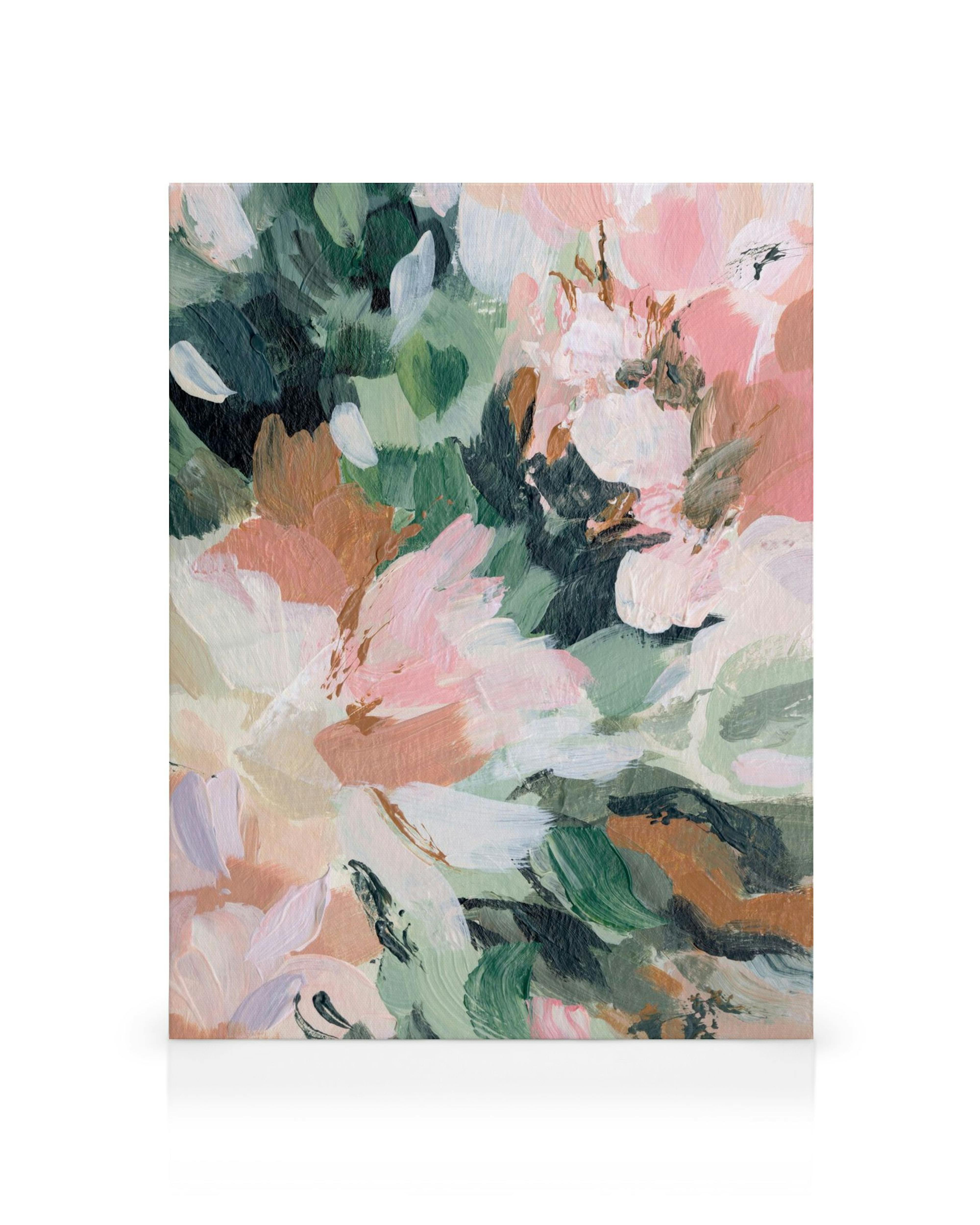 Canvas print of abstract floral painting with pink, white, and green brushstrokes, thick paint texture.