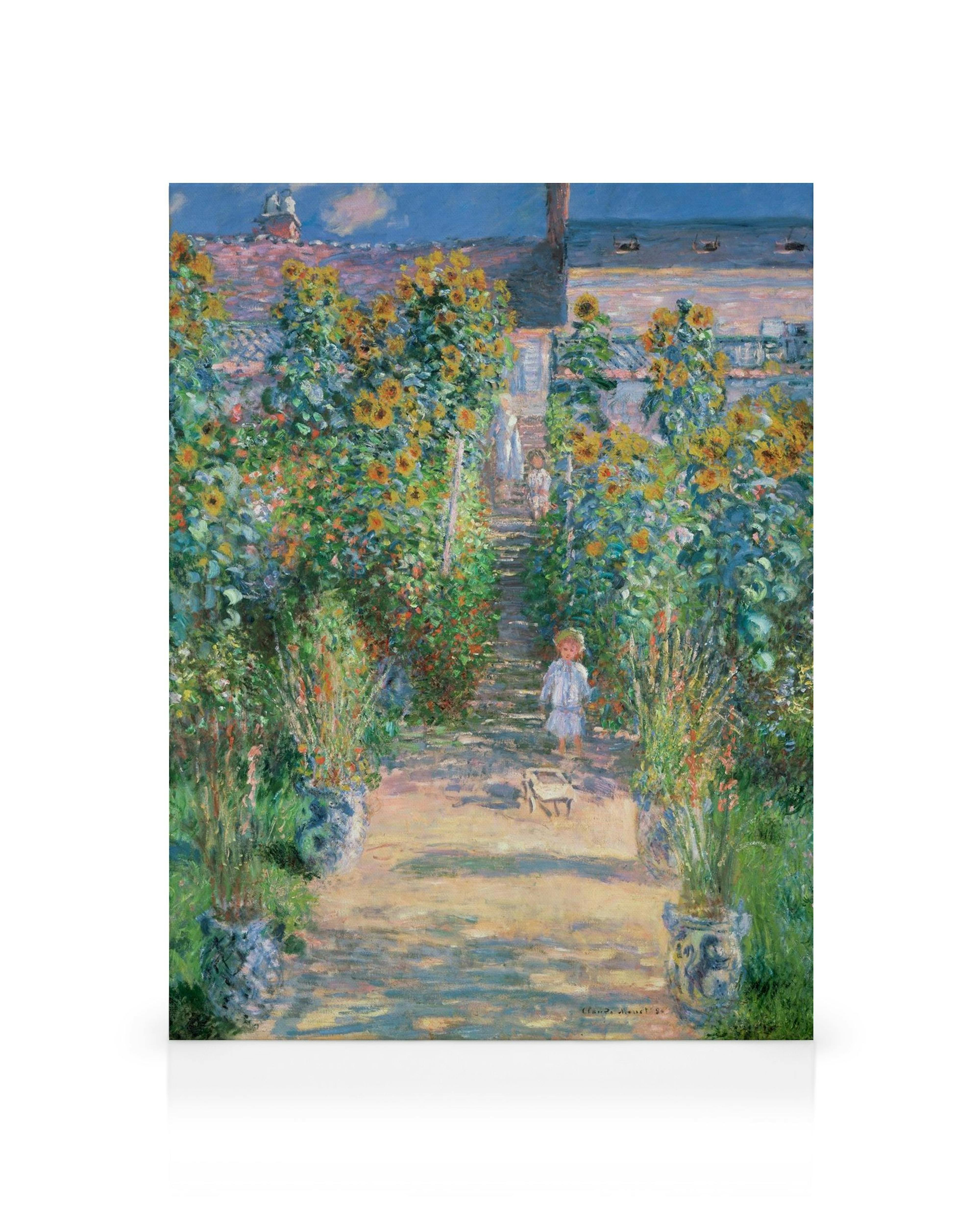 Pintura impresionista de Monet con un sendero en un jardín florido, girasoles amarillos y niños, colores vibrantes.