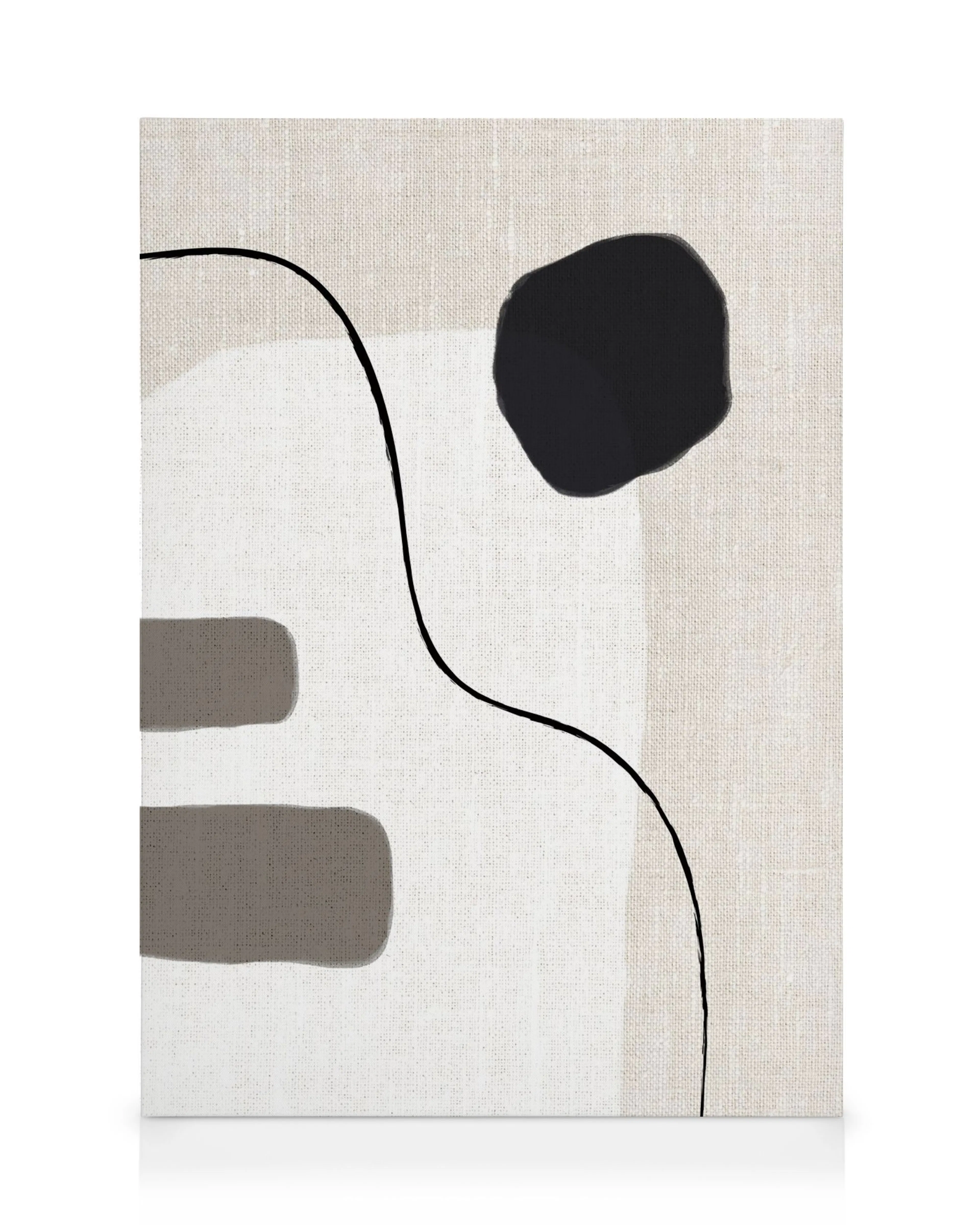 Abstrakt beige canvastavla med svart kurvig linje, grå texturerad bakgrund och svarta former, perfekt för tavelvägg.