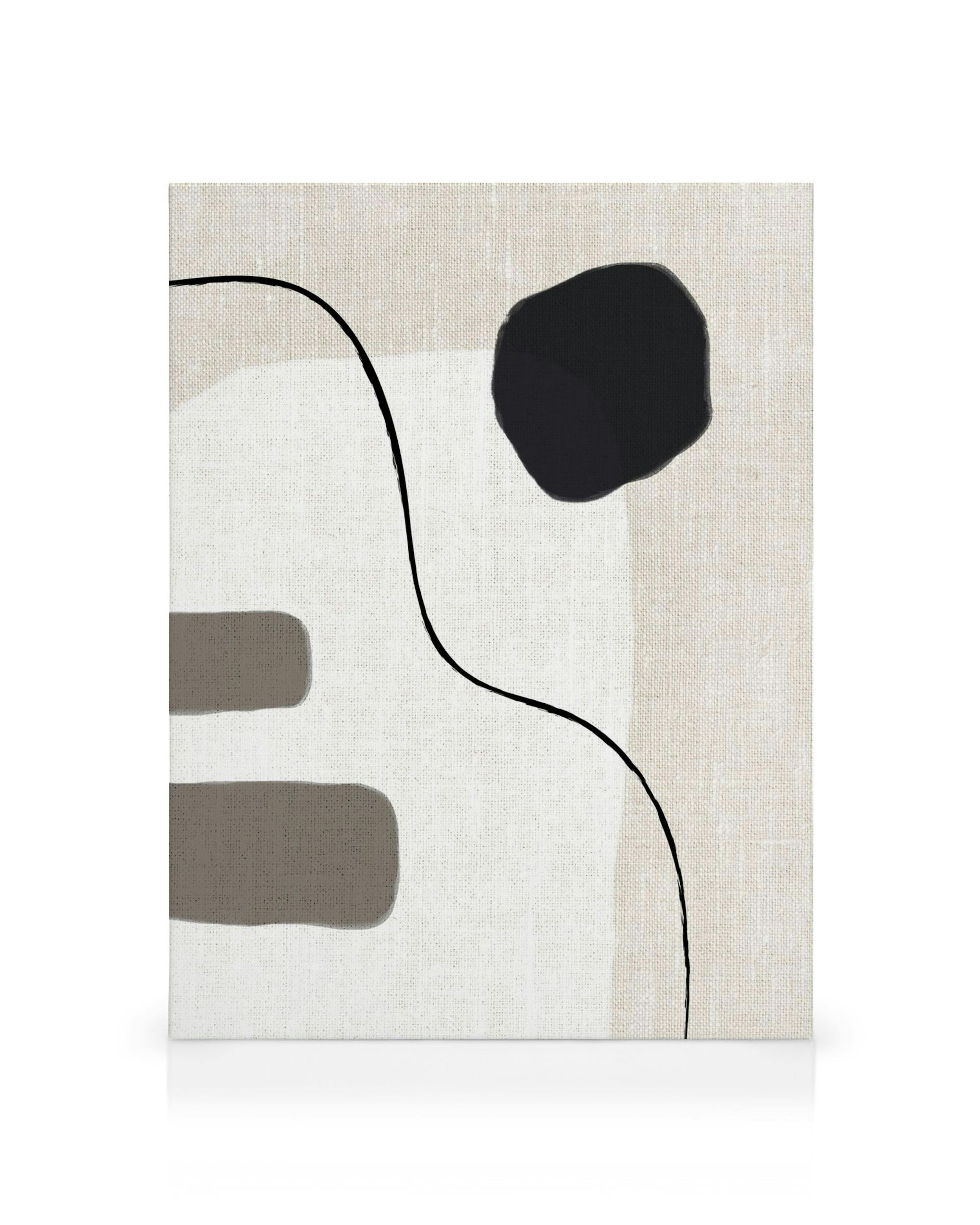 Abstract canvas print with beige background, black and grey fabric-like shapes, and black curved line.