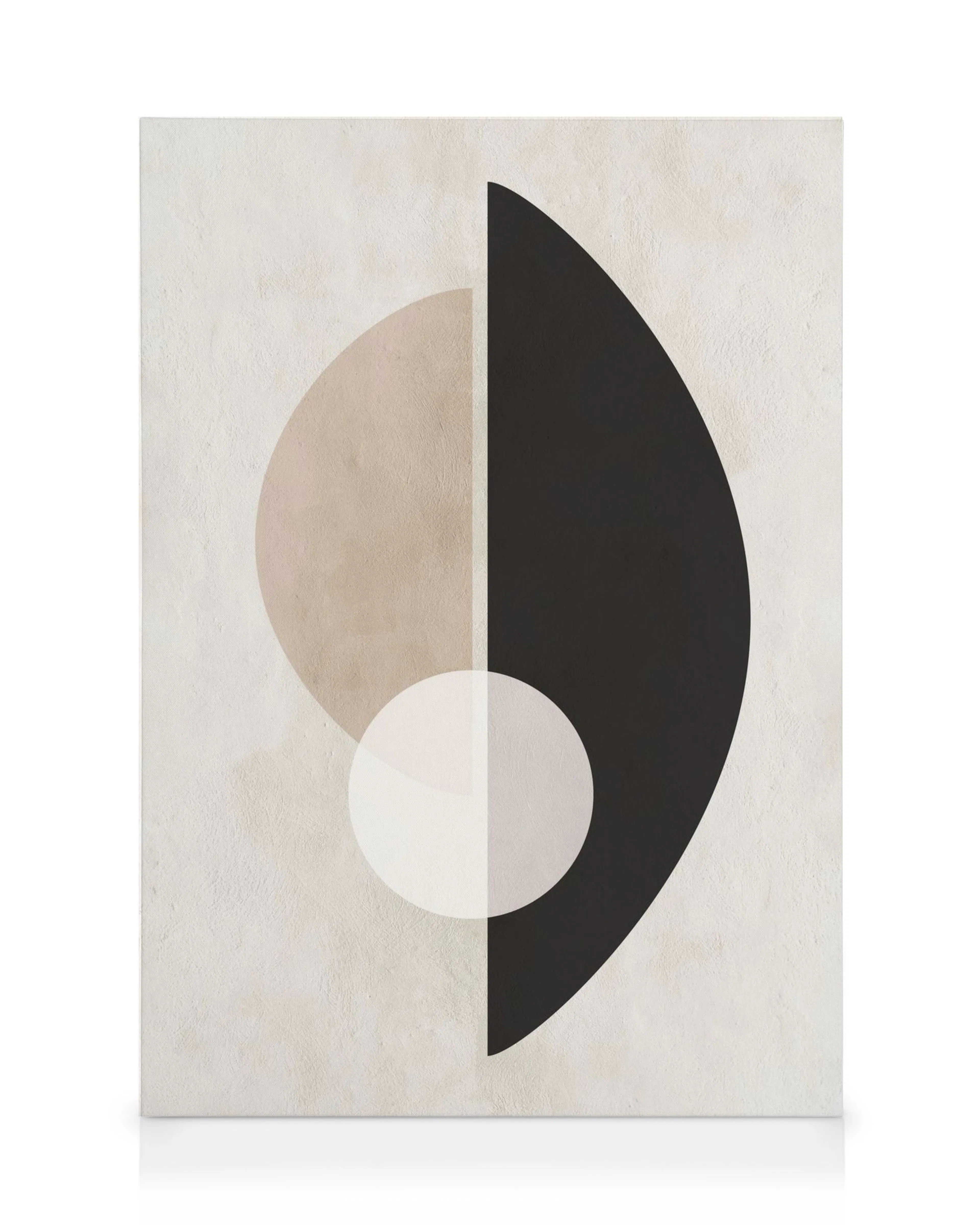 Tela con cerchi e forme astratte in beige, marrone chiaro, bianco e nero. Arte da parete con motivi geometrici.