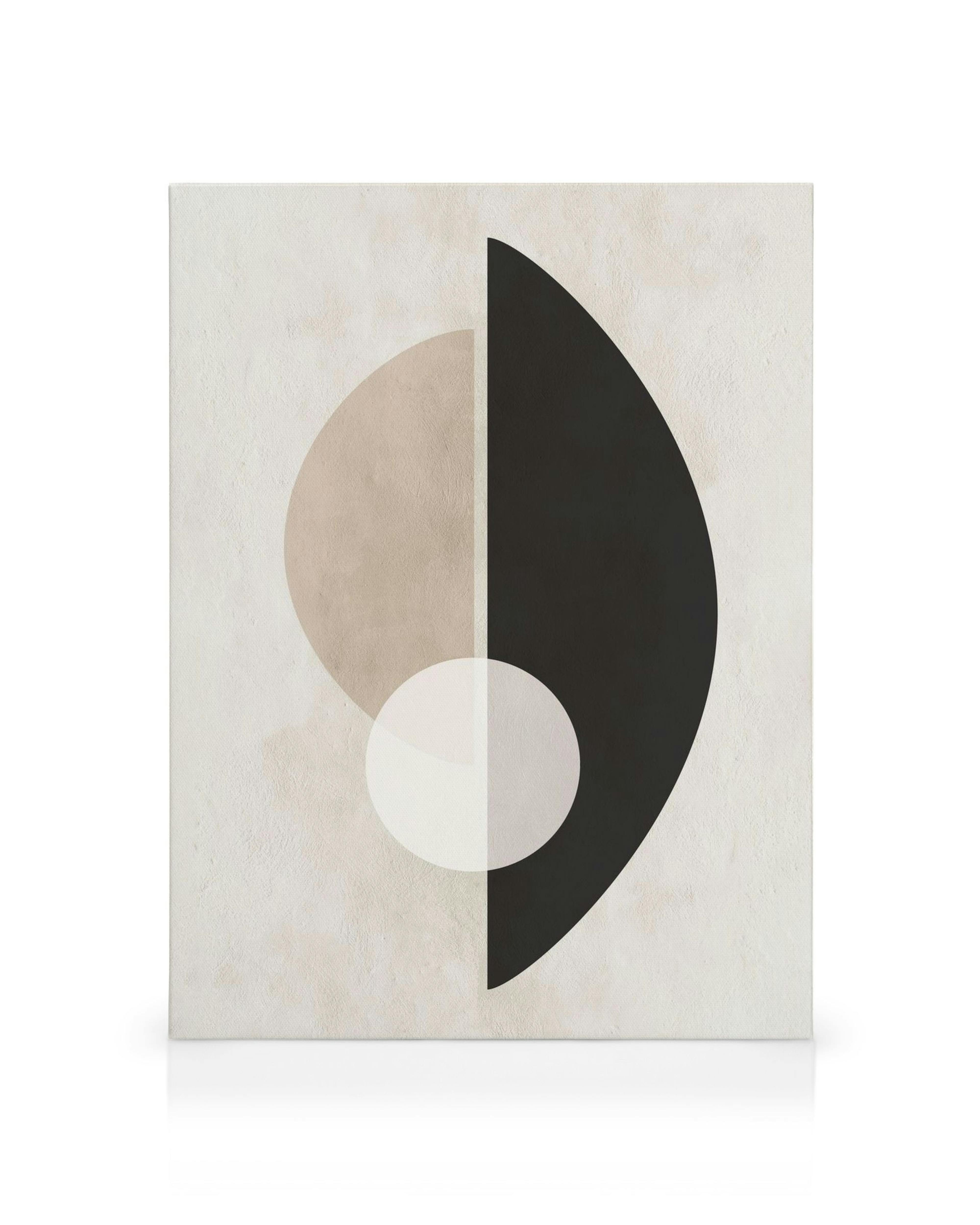 Abstract canvas print with beige and tan circles on the left, and a black semi-circle on the right.