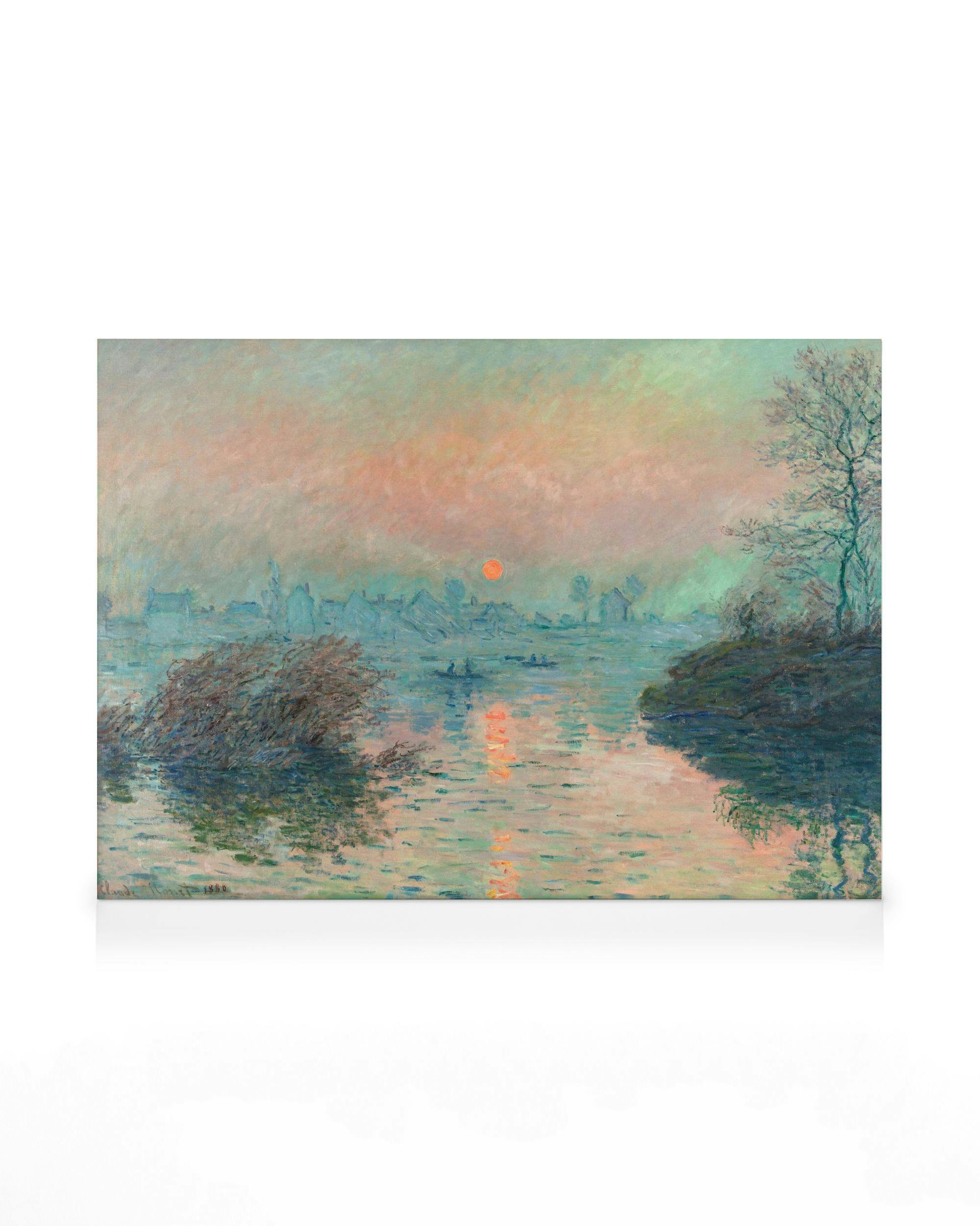 Monet impressionistisk oljemålning av solnedgång över Seine vid Lavacourt. Rosa, blå, orange penseldrag av flod, himmel, by och