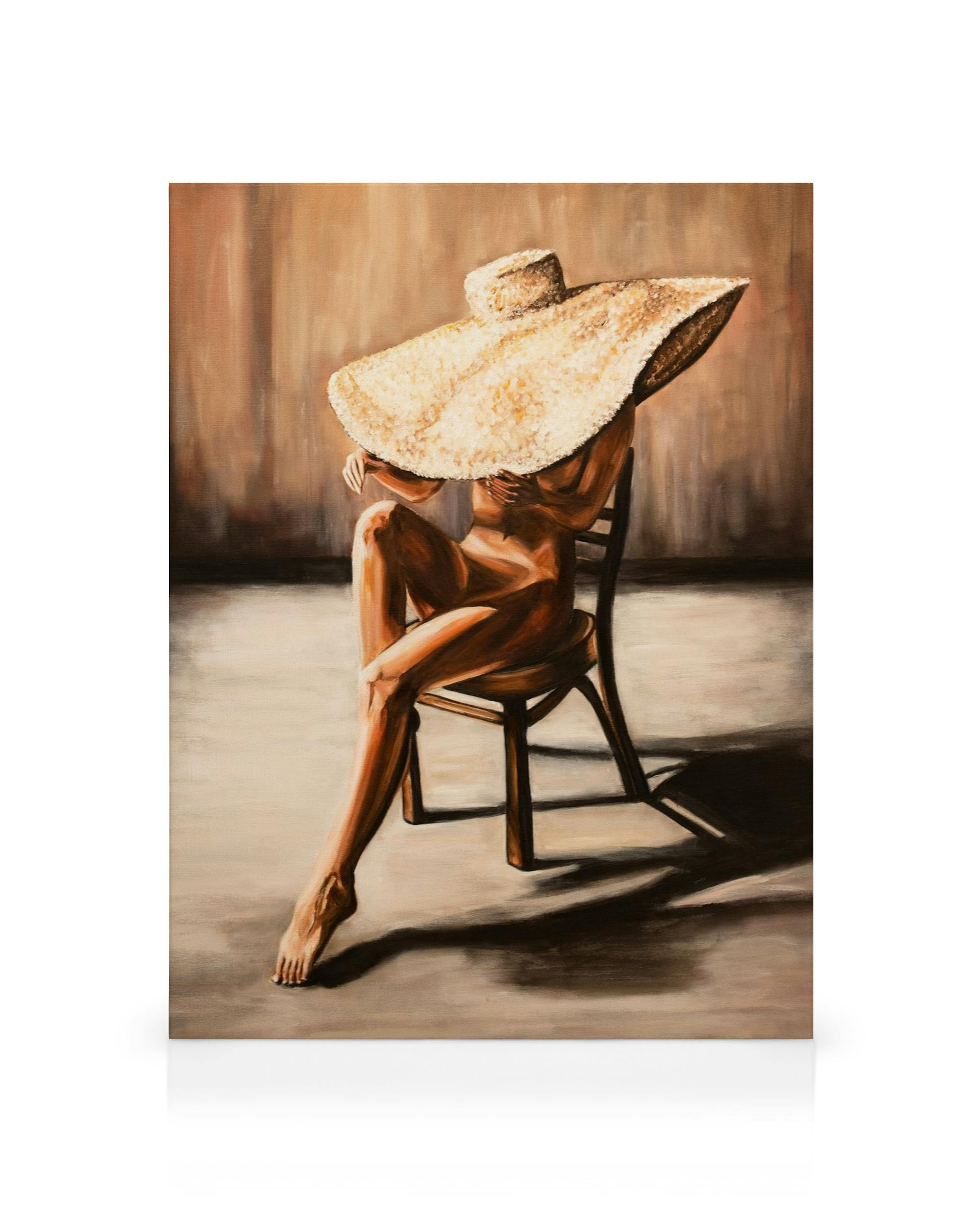 Maleri af barfodet kvinde i en stråhat, der sidder på en stol, kunst på lærred, afslappet stil