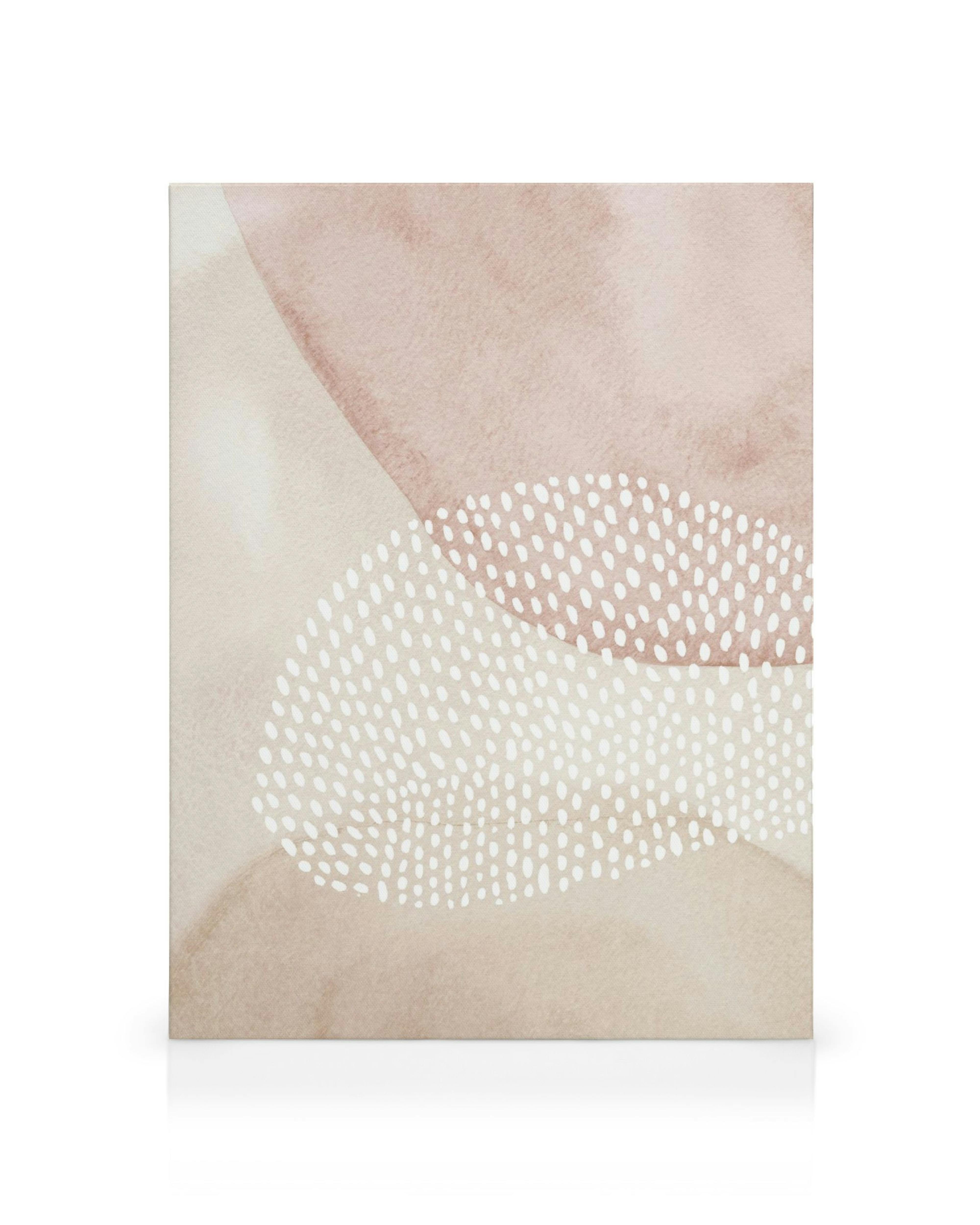 Abstract watercolor canvas with beige and light brown shapes and white dot patterns, modern wall art.